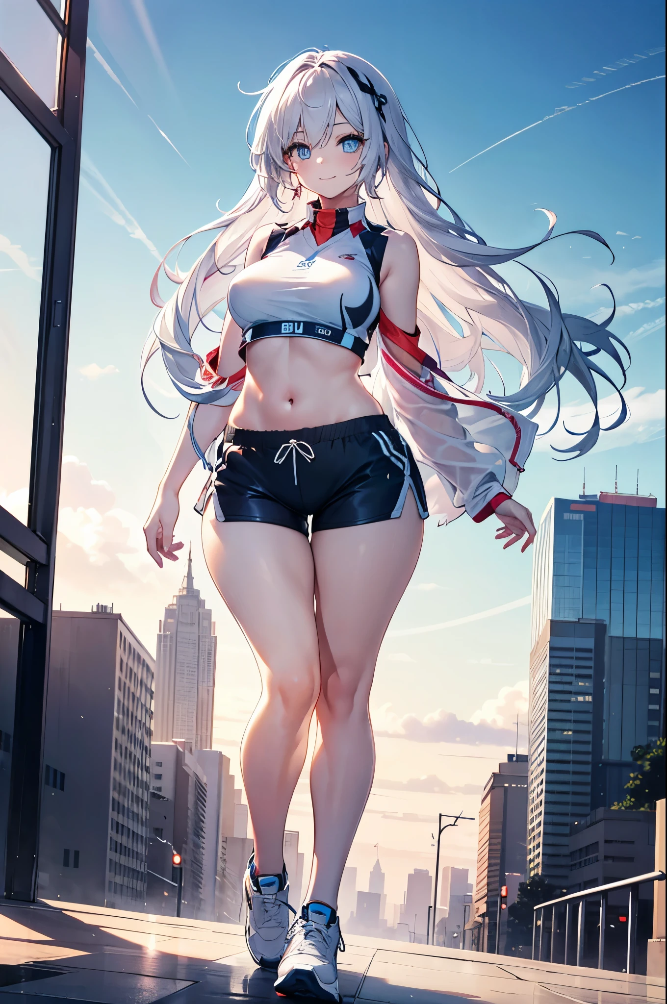 Realistic image, Detailed image, 1 girl. Long silky hair, silver hair, blue eyes, long eyelashes. Short sleeveless sports shirt, showing the navel, torn shorts, sports shoes. Curvy body, medium breasts, thin waist, thick thighs. smiling. Urban background, surrounded by buildings. Volumetric light. Ambient light.