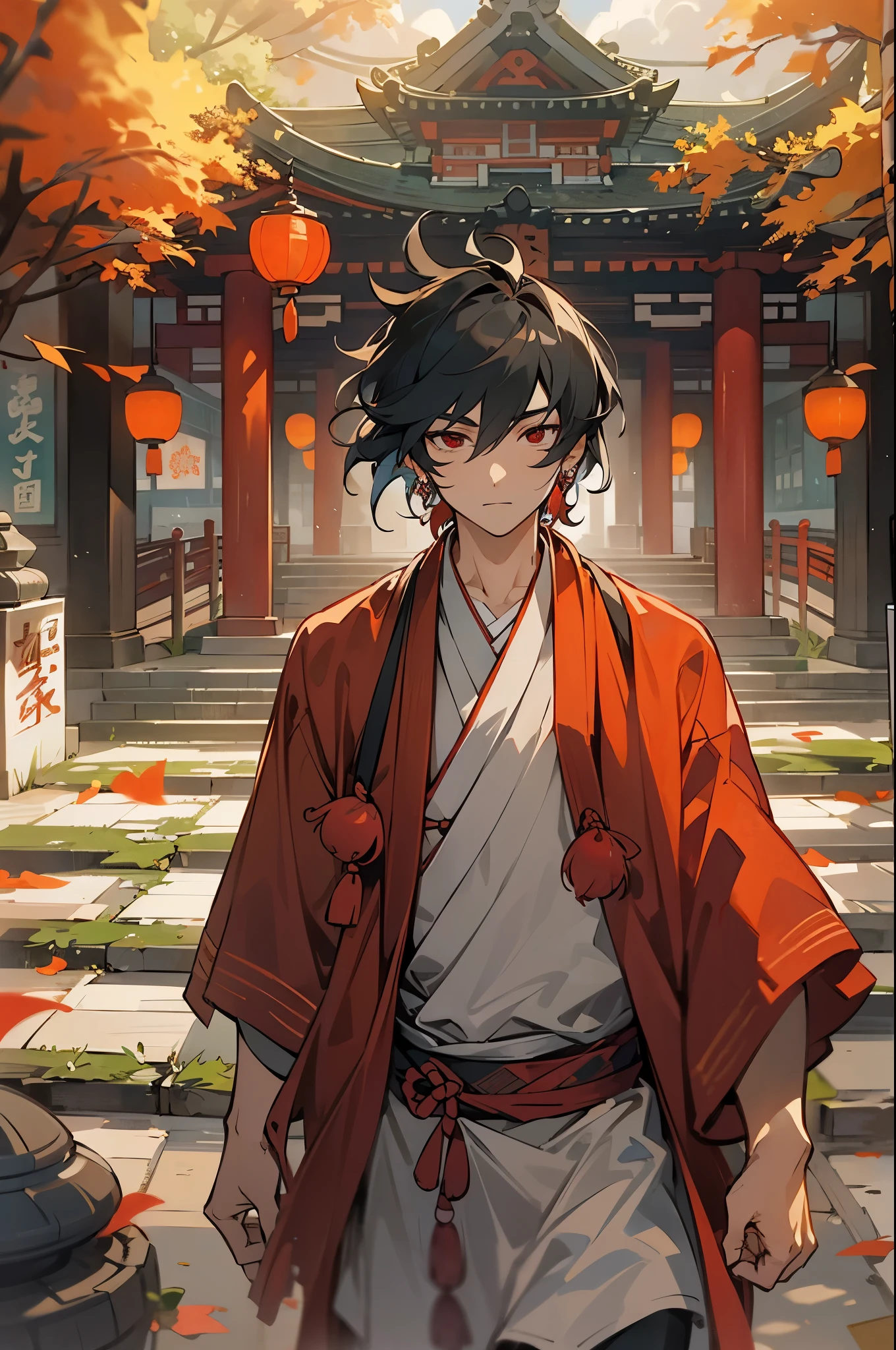 1male, Young Adult, Red Eyes, Black Hair, Short Hair, Messy Hair, Earrings, Confident and Calm Expression, Traditional Red Chinese Tang Suit, Avatar The Last Airbender, Walking On Path, Japanese Temple, Sun Rise