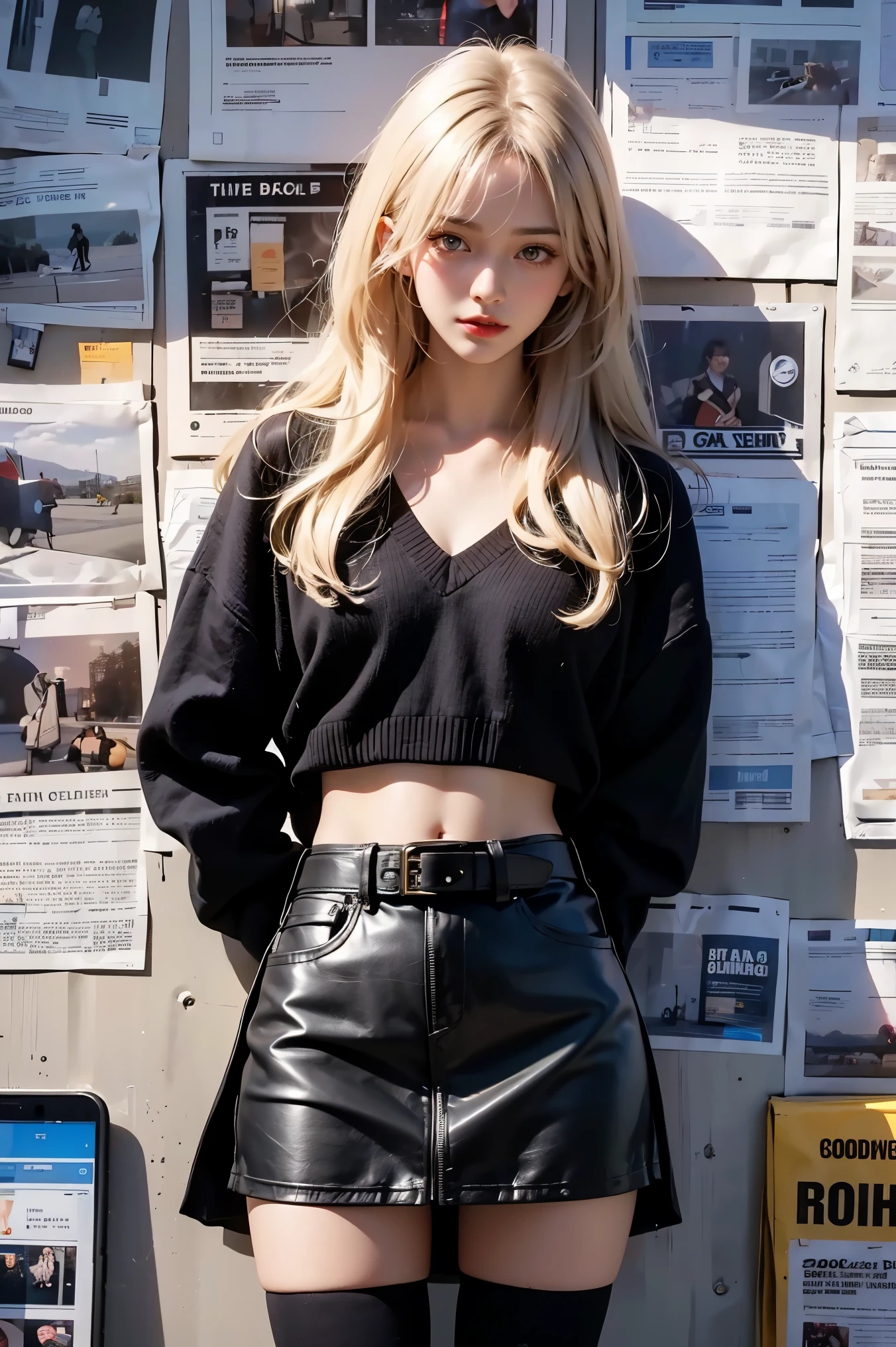 1girl,long hair, blonde hair, bangs, black sweater,v-neck,leather skirt,black thighhighs, brown eyes,standing, midriff,belt,morning_light,newspaper, newspaper wall,((masterpiece, best quality, highly detailed, goodcomposition)),
