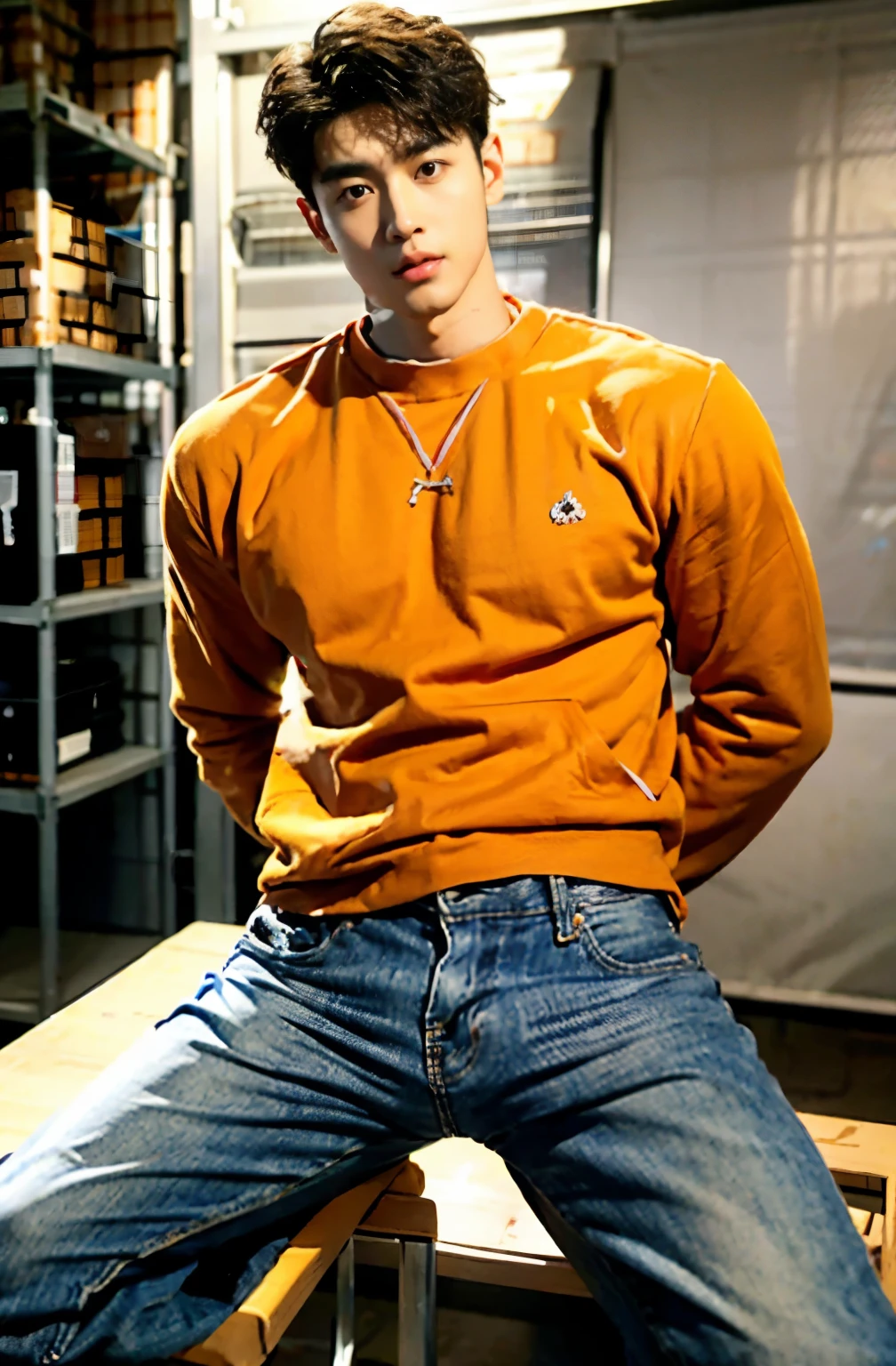 1 handsome Chinese guy，26-year-old physics teacher，majestic，Who is Shi Yu?, Li Yuanbin, Kim Hyung Tae, Kim Hyung Tae, Yin Shishan, Handsome Chinese muscular guy，Broad shoulders and narrow waist，A handsome guy wearing an orange sweatshirt and jeans，Form-fitting fabric contours the bust，in a remote warehouse，hands tied behind back，Hands tied behind the back，hands tied behind back，Masculine and sexy，High，Muscles look good，hairy body，Wheat complexion，black eyes（thin eyes 1：3），whole body image