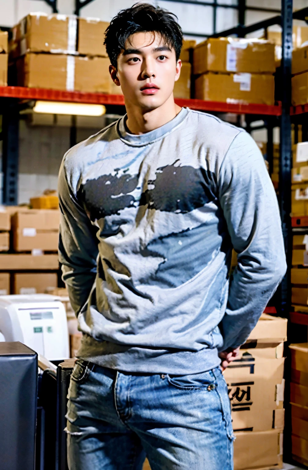 1 handsome Chinese guy,26-year-old physics teacher,majestic,Who is Shi Yu?, Li Yuanbin, Kim Hyung Tae, Kim Hyung Tae, Yin Shishan, Handsome Chinese muscular guy,Broad shoulders and narrow waist,A handsome guy wearing an orange sweatshirt and jeans,Form-fitting fabric contours the bust,in a remote warehouse,hands tied behind back,Hands tied behind the back,hands tied behind back,Masculine and sexy,High,Muscles look good,hairy body,Wheat complexion,black eyes(thin eyes 1:3),whole body image