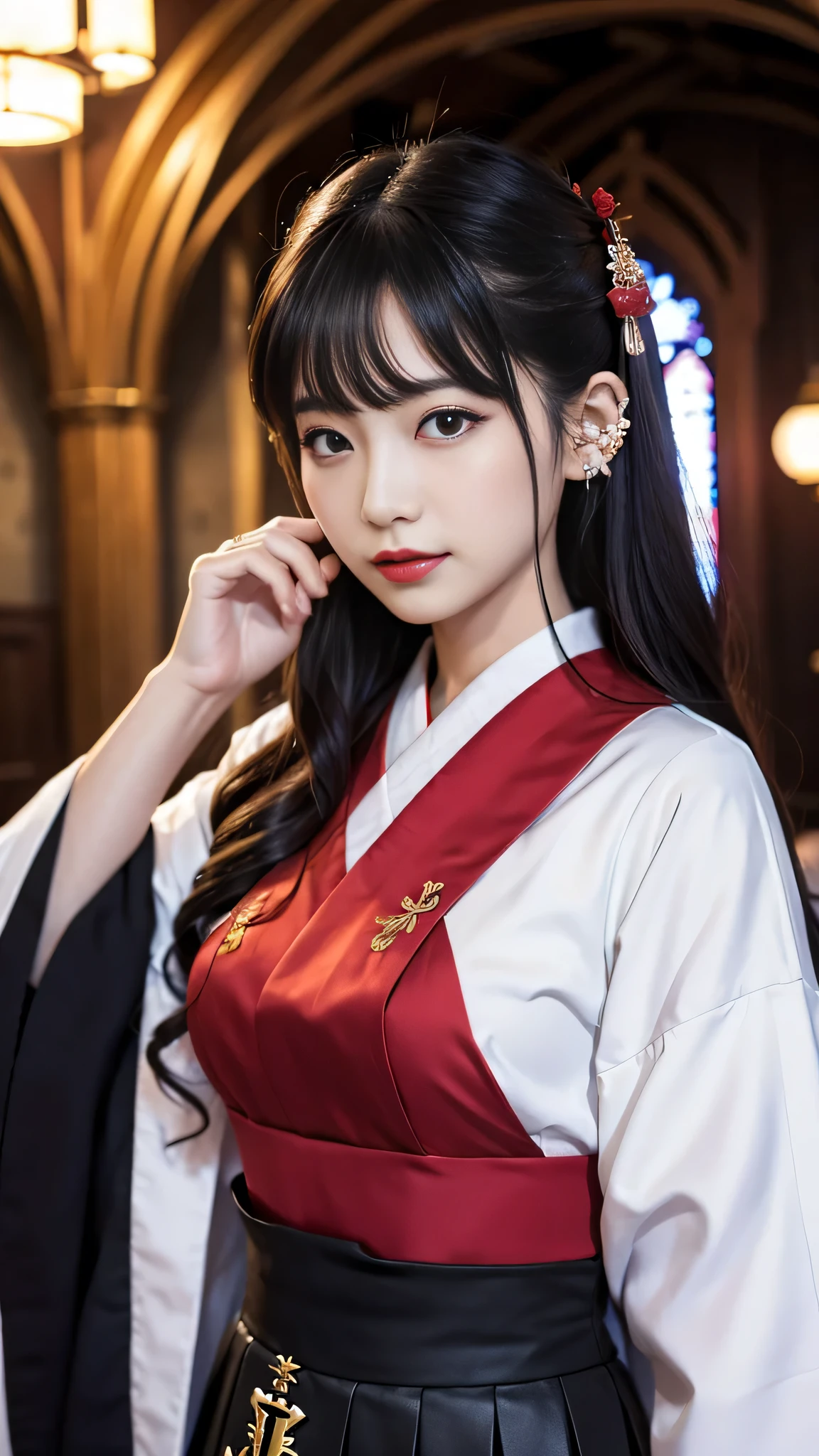 Super detailed、Japanese、charming beauty、seductive adult woman、Beautiful woman、sharp eyes、cool girl、wavy hair、shrine maiden costume、black skirt、wide sleeve、evilの幹部、evil depravity、brainwashing、Mind control、lipstick、grin、evilな表情、evil、empty eyes、evil、church at night、Hypnosis、brainwashinging、Contrasting、makeup brush