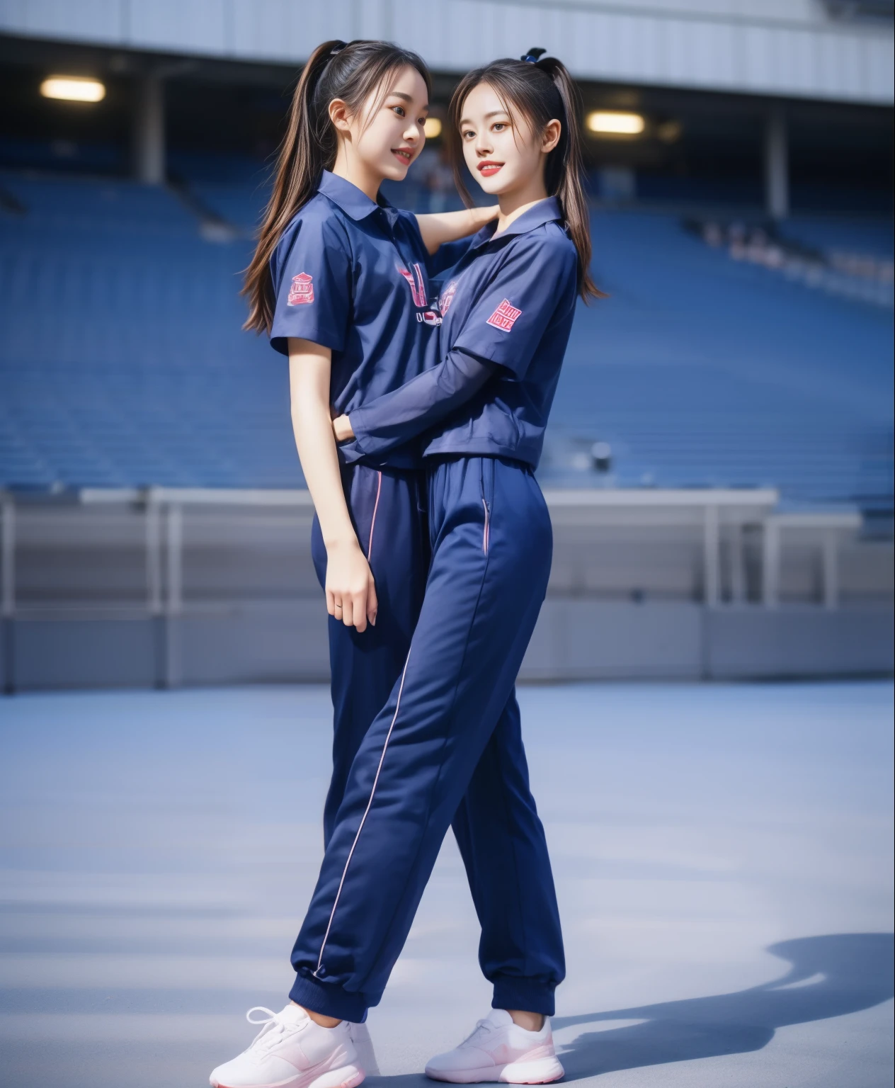 (best quality,10,10,height,Masterpiece:1.2),Special details,(realistic,ภาพrealistic,Realistic photos:1.37),1 cute girl on the football field,shiny, ผิวshiny,only,smile softly,BDclothelue shirt:1.3)),short sleeve,shirt, กางเกงขาlong.,(navy_long_track pants:1.1), ((stadium background:1.3)),Dynamic angle,excited,Face focus,dynamic poses,from behind,focus on ass,Masterpiece, best quality, ultra realistic, hyper-detail, 8K resolution, raw photos, Sharp focus, ((Navy blue shirt:1.1)), short sleeve, เส้นทางlong, perfect body, 2 mature women, 18 years old, Cinema-grade lighting system,blue sweatpants,shirtผ้าออกกำลังกาย,correct anatomy,perfect body, correct body, Sharp face, correct bodyทางกายวิภาค, full body, realistic gestures, long-haired, realistic poses,Wear long shorts................................,ช่วงขาlong,Good shape,carved girl, Slender figure, model, Good shape, beautiful body,blue sweatpants, two girls kissing