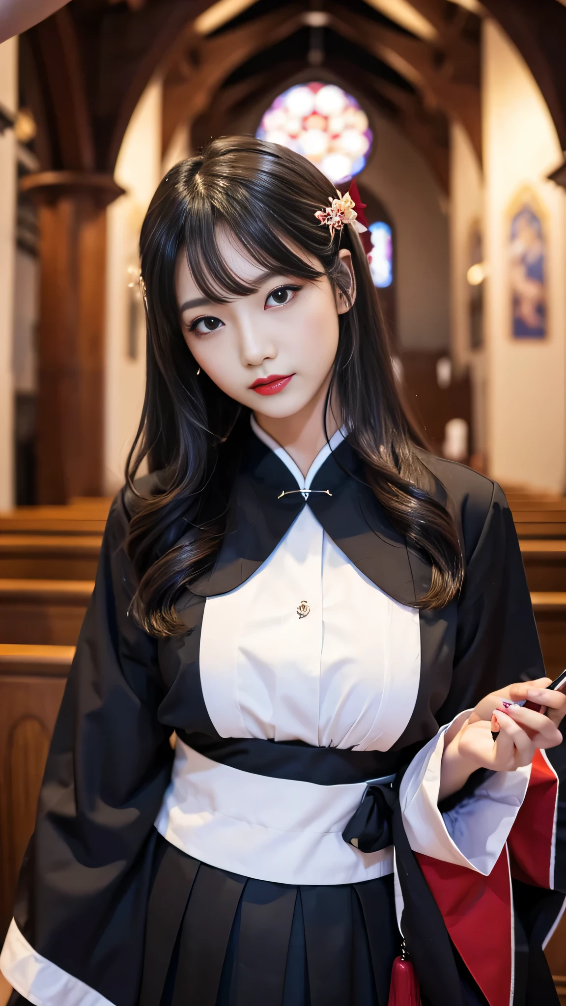 Super detailed、Japanese、charming beauty、seductive adult woman、Beautiful woman、sharp eyes、cool girl、wavy hair、shrine maiden costume、black skirt、wide sleeve、evilの幹部、evil depravity、brainwashing、Mind control、lipstick、grin、evilな表情、evil、empty eyes、evil、church at night、Hypnosis、brainwashinging、Contrasting、makeup brush