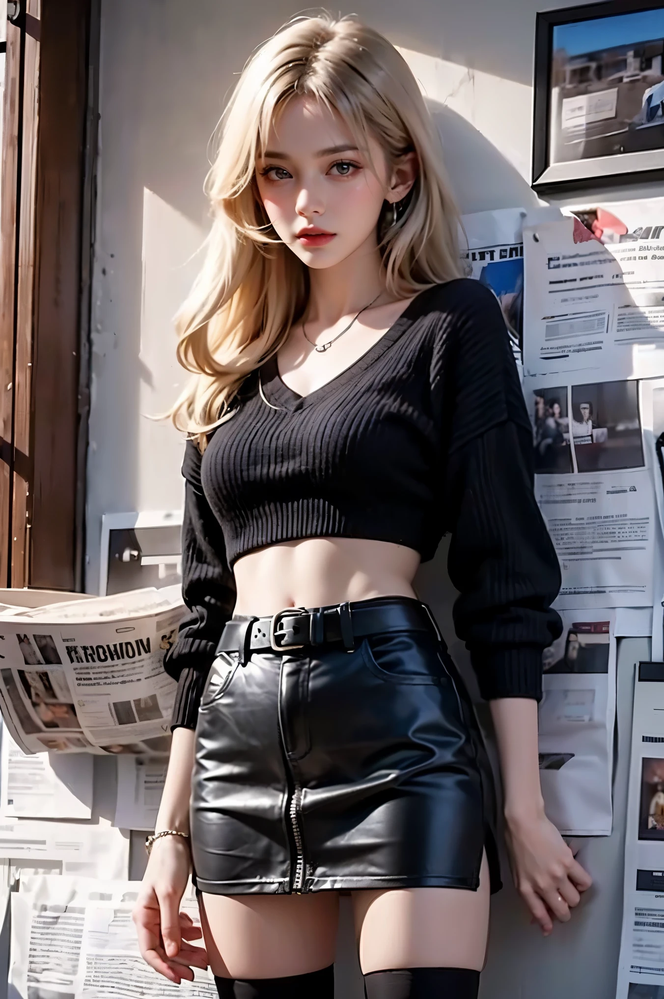 1girl,long hair, blonde hair, bangs, black sweater,v-neck,leather skirt,black thighhighs, brown eyes,standing, midriff,belt,morning_light,newspaper, newspaper wall,((masterpiece, best quality, highly detailed, goodcomposition)),
