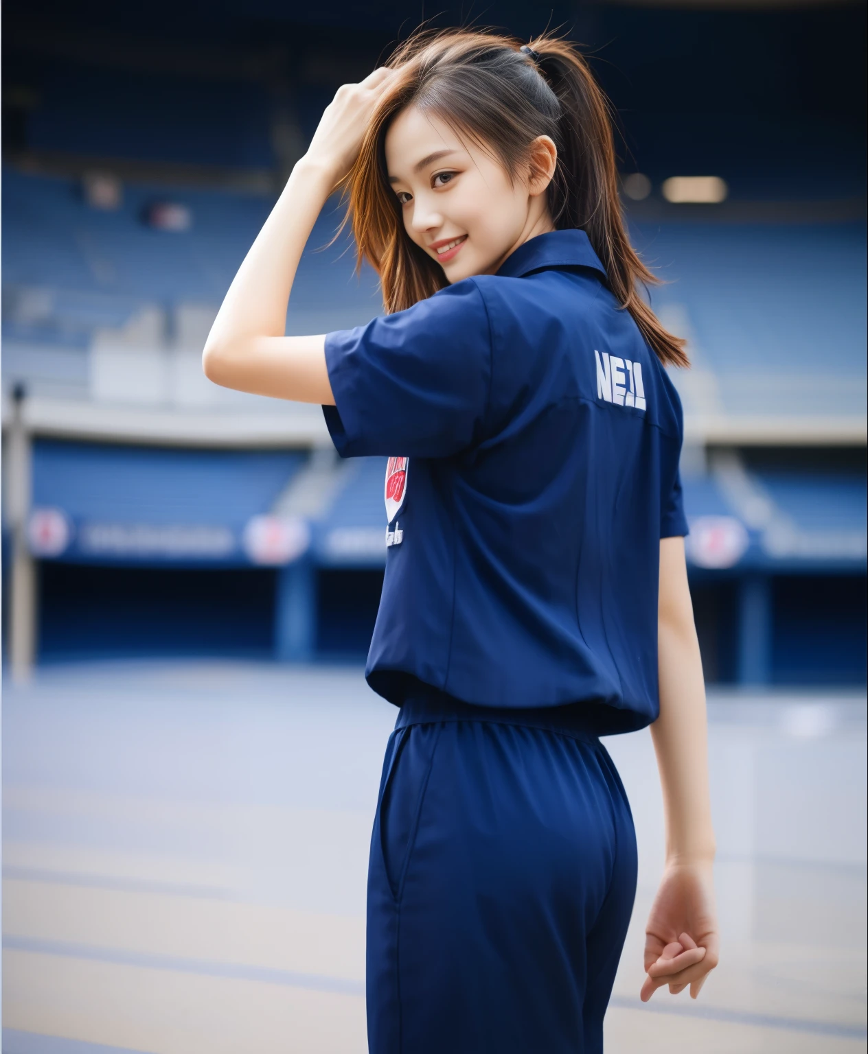 (best quality,10,10,height,Masterpiece:1.2),Special details,(realistic,ภาพrealistic,Realistic photos:1.37),1 cute the football field,shiny, ผิวshiny,only,smile softly,BDclothelue shirt:1.3)),short sleeve,shirt, กางเกงขาlong.,(navy_long_track pants:1.1), ((stadium background:1.3)),Dynamic angle,excited,Face focus,dynamic poses,from behind,focus on ass,Maspiece, best quality, ultra realistic, hyper-detail, 8K resolution, raw photos, Sharp focus, ((Navy blue shirt:1.1)), short sleeve, เส้นทางlong, perfect body, 2 mature wom years old, Cinema-grade lighting system,blue sweatpants,shirtผ้าออกกำลังกาย,correct anatomy,perfect body, correct body, Sharp face, correct bodyทางกายวิภาค, full body, realistic gestures, long-haired, realistic poses,Wear long shorts................................,ช่วงขาlong,Good shape,carved girl, Slender figure, model, Good shape, beautiful body,blue sweatpants, two girls kissing