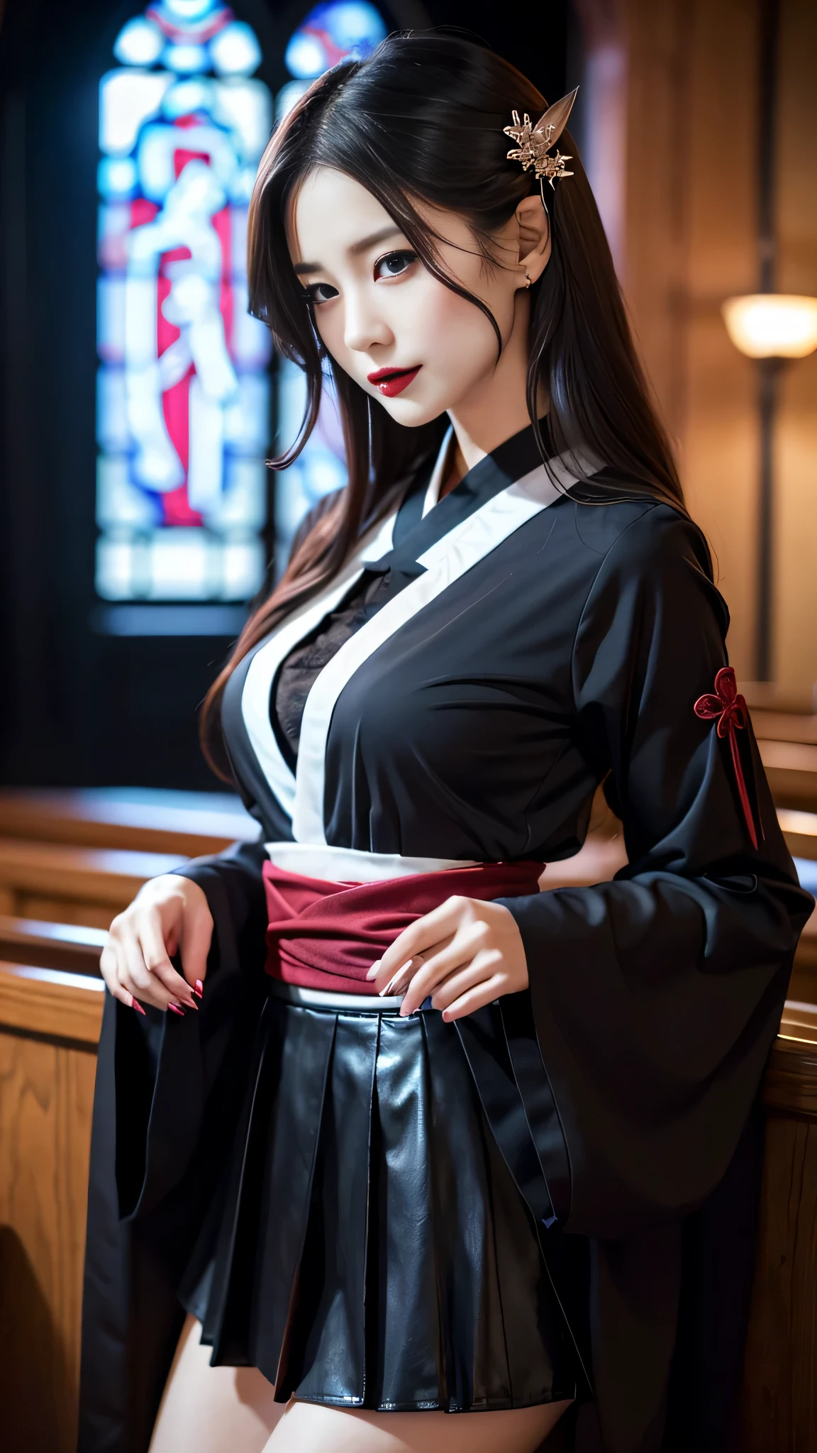 Super detailed、Japanese、charming beauty、seductive adult woman、Beautiful woman、sharp eyes、cool girl、wavy hair、shrine maiden costume、black skirt、wide sleeve、evilの幹部、evil depravity、brainwashing、Mind control、lipstick、grin、evilな表情、evil、empty eyes、evil、church at night、vampire、vampire、Hypnosis、brainwashinging、Contrasting、makeup brush