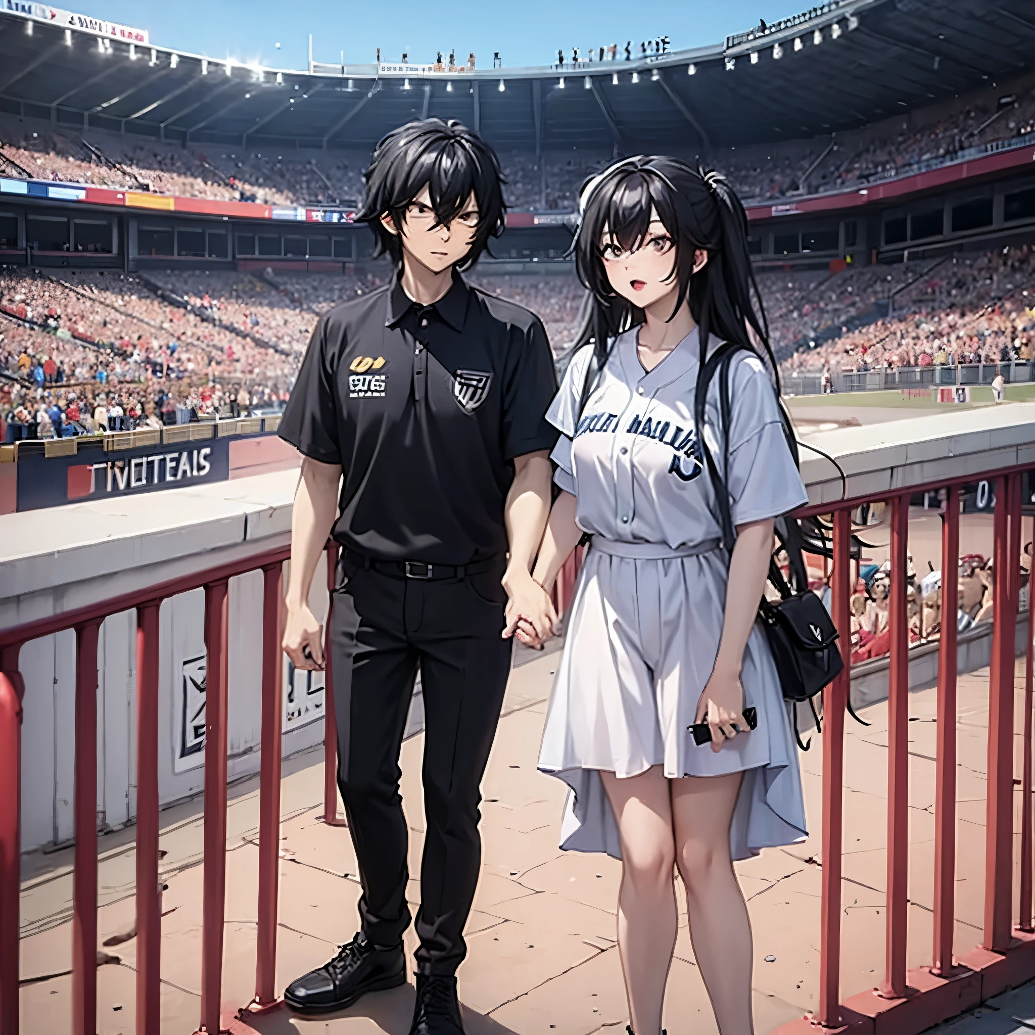 a man holding his wife's hand, wearing a black baseball uniform in a baseball stadium
