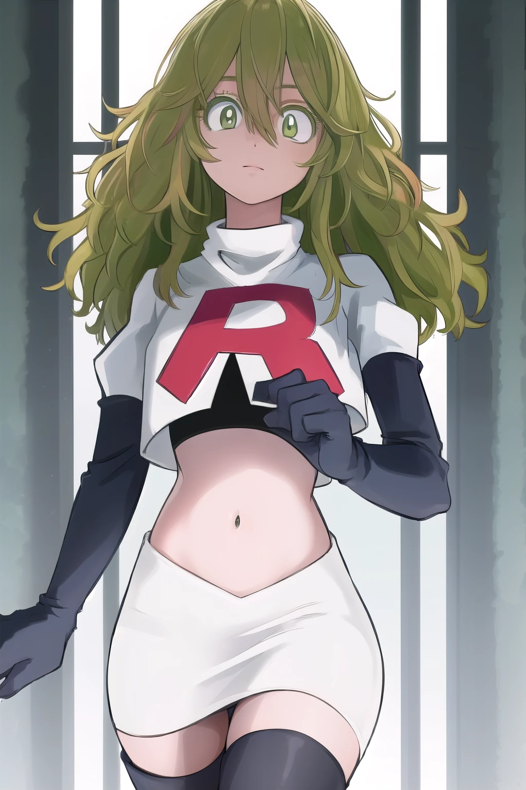 tooruhagakure, tooru hagakure, (green eyes:1.5), green hair, messy hair, multicolored hair, thick eyelashes, two-tone hair,
BREAK team rocket,team rocket uniform, red letter R, white skirt,white crop top,black thigh-highs,black elbow gloves
BREAK looking at viewer,
BREAK (masterpiece:1.2), best quality, high resolution, unity 8k wallpaper, (illustration:0.8), (beautiful detailed eyes:1.6), extremely detailed face, perfect lighting, extremely detailed CG, (perfect hands, perfect anatomy),