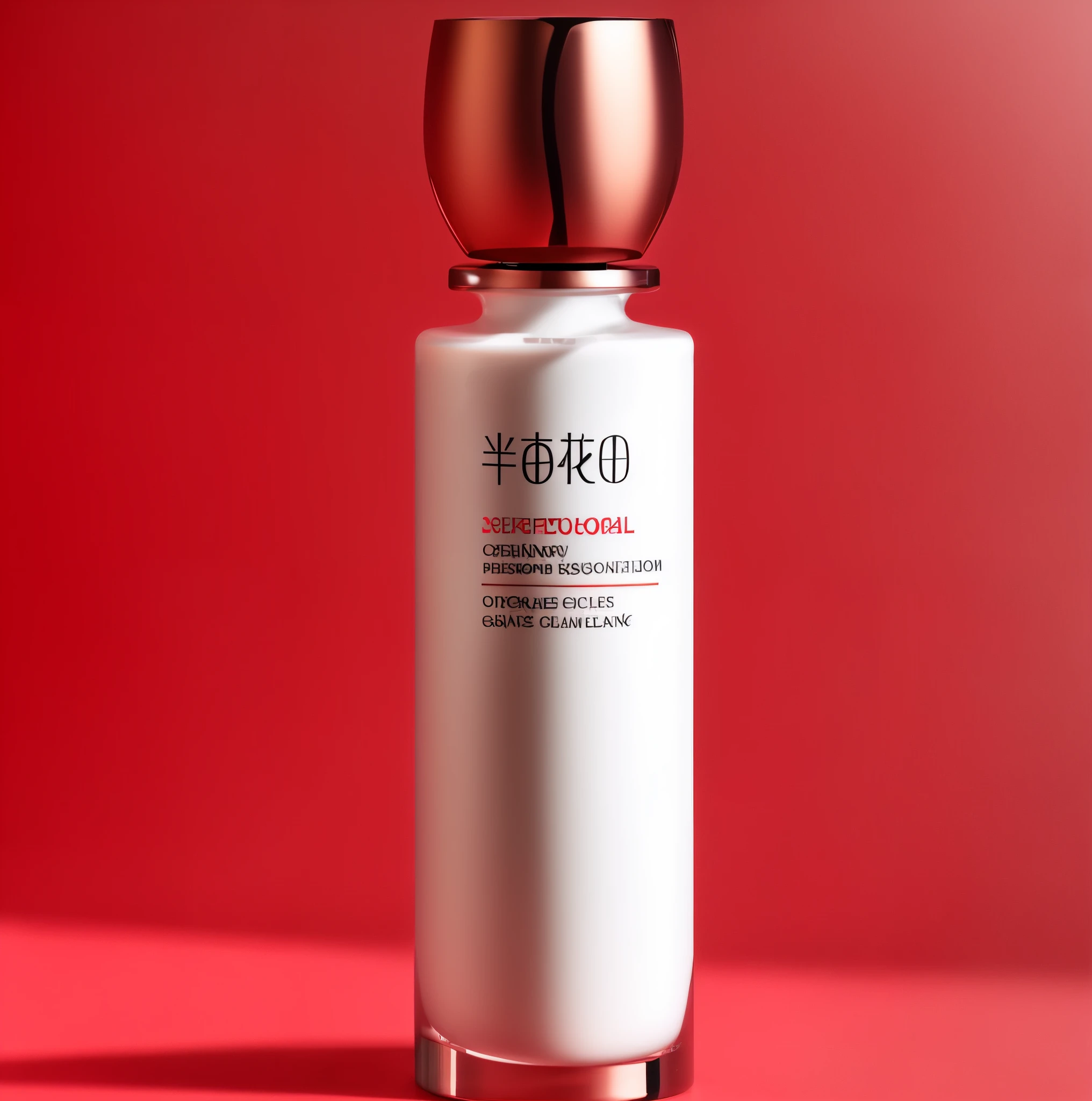 Cosmetic glass texture glass bottle red red gradient stainless steel lid reflective refraction transparent transparent white lotion exquisite ultra-detailed three-dimensional photography product photography light and shadow e-commerce photography