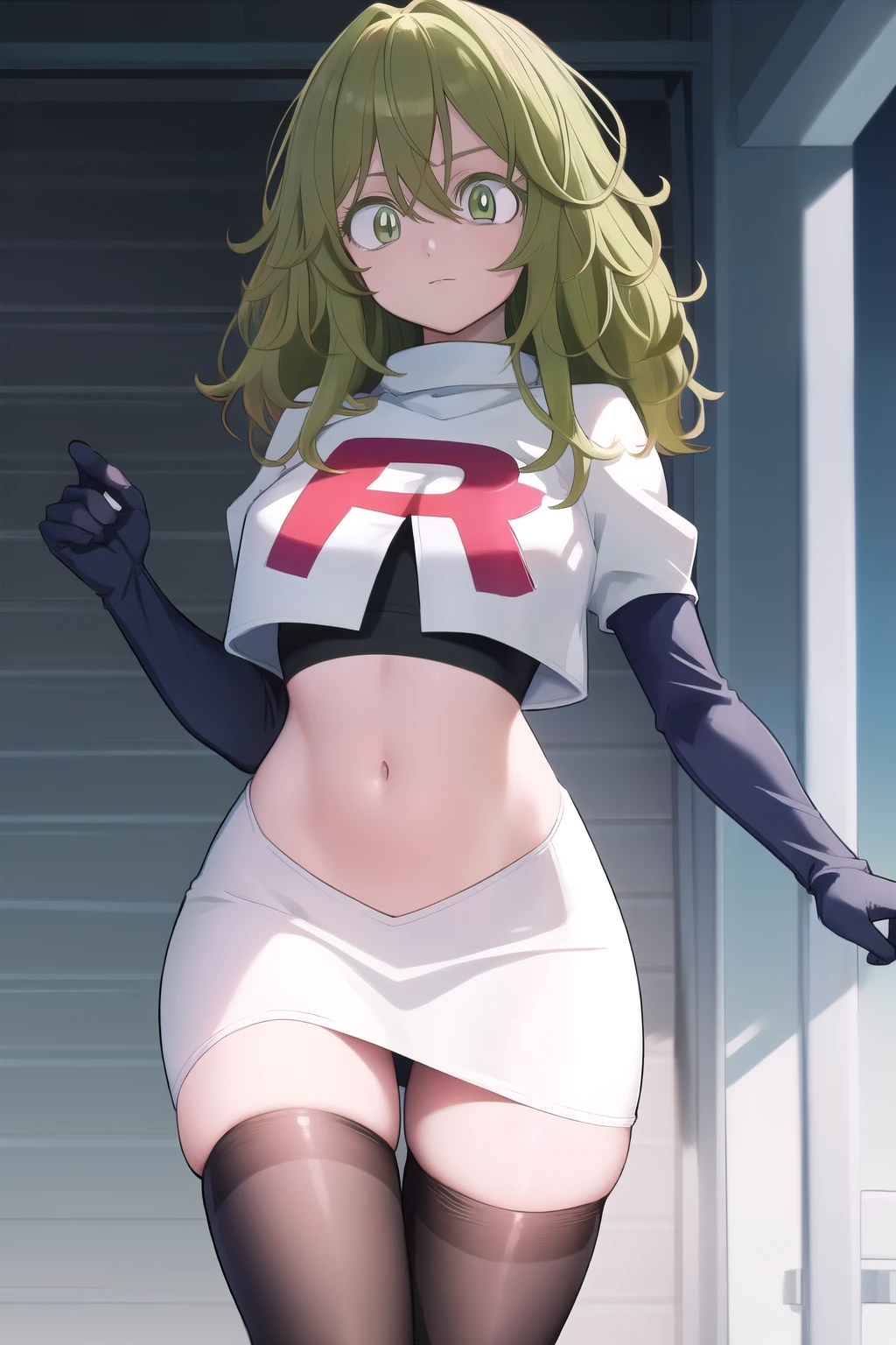 tooruhagakure, tooru hagakure, (green eyes:1.5), green hair, messy hair, multicolored hair, thick eyelashes, two-tone hair,
BREAK team rocket,team rocket uniform, red letter R, white skirt,white crop top,black thigh-highs,black elbow gloves
BREAK looking at viewer,
BREAK (masterpiece:1.2), best quality, high resolution, unity 8k wallpaper, (illustration:0.8), (beautiful detailed eyes:1.6), extremely detailed face, perfect lighting, extremely detailed CG, (perfect hands, perfect anatomy),