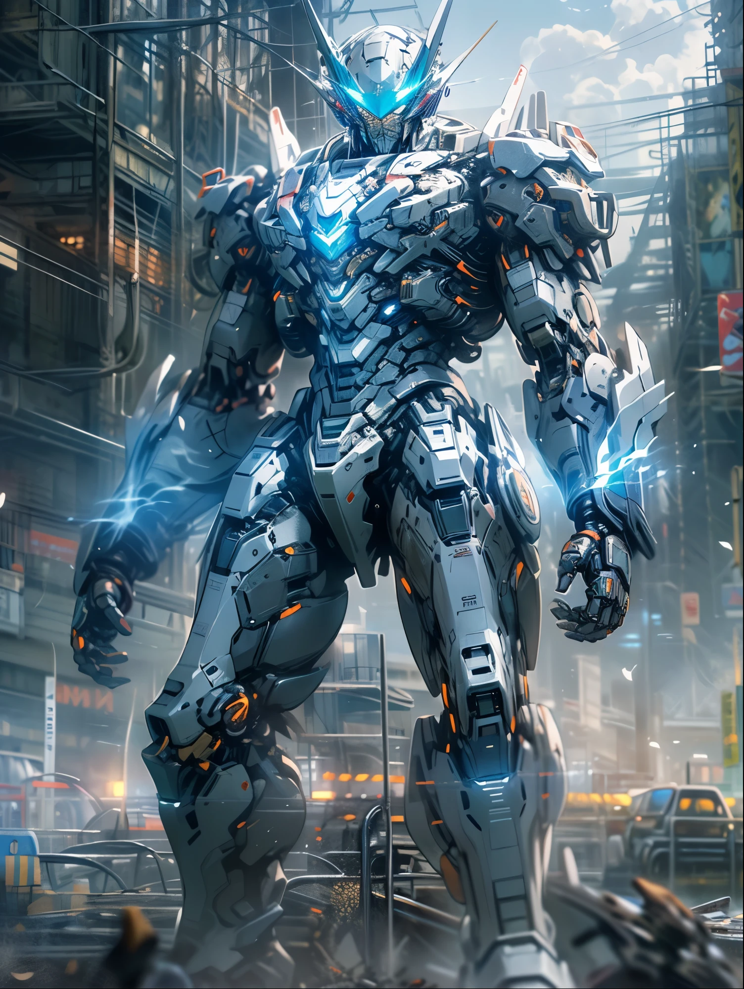 8K resolution, (((masterpiece))), (((highest quality))), (((super detailed))), ((very delicate)), Giant Mechs, cool, stylish, Hero, special effects, Ultraman, Blue armor, Eyes glow silver, huge body, urban area, destroyed city, whole body, dynamic, pull composition