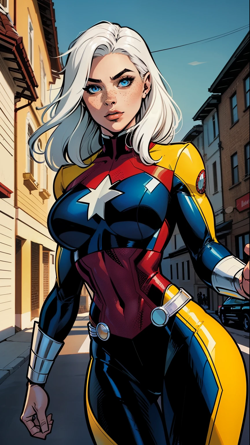 A woman, white hair, hair with bangs, 90's x-men uniform, outside, Marvel art style, comic, blue eyes, some freckles, dark yellow spandex