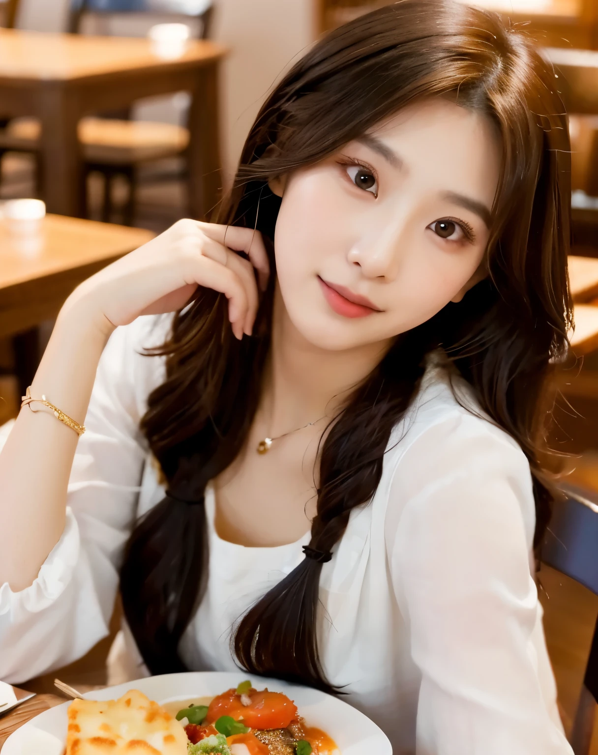 there is a woman sitting at a table with a plate of food, 2 7 years old, 2 8 years old, 2 9 years old, 2 2 years old, 2 3 years old, 21 years old, sakimichan, 3 2 years old, 2 4 years old, young and cute girl, sakimi chan, asian girl, beautiful asian girl