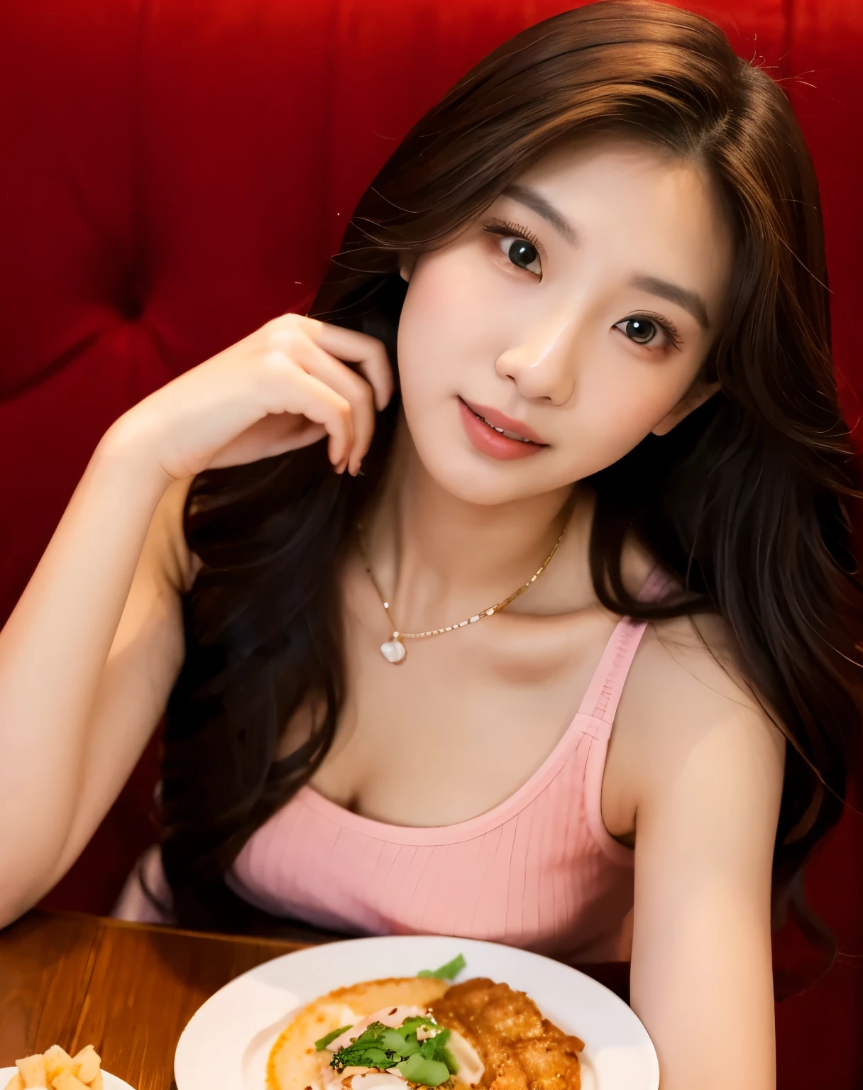 there is a woman sitting at a table with a plate of food, 2 7 years old, 2 8 years old, 2 9 years old, 2 2 years old, 2 3 years old, 21 years old, sakimichan, 3 2 years old, 2 4 years old, young and cute girl, sakimi chan, asian girl, beautiful asian girl