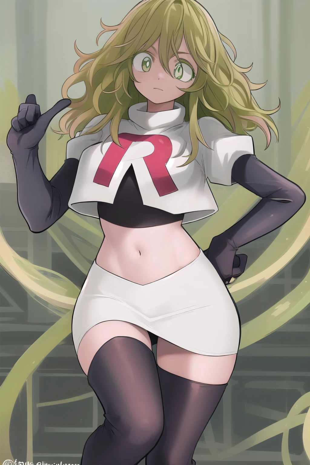 tooruhagakure, tooru hagakure, (green eyes:1.5), green hair, messy hair, multicolored hair, thick eyelashes, two-tone hair,
BREAK team rocket,team rocket uniform, red letter R, white skirt,white crop top,black thigh-highs,black elbow gloves
BREAK looking at viewer,
BREAK (masterpiece:1.2), best quality, high resolution, unity 8k wallpaper, (illustration:0.8), (beautiful detailed eyes:1.6), extremely detailed face, perfect lighting, extremely detailed CG, (perfect hands, perfect anatomy),