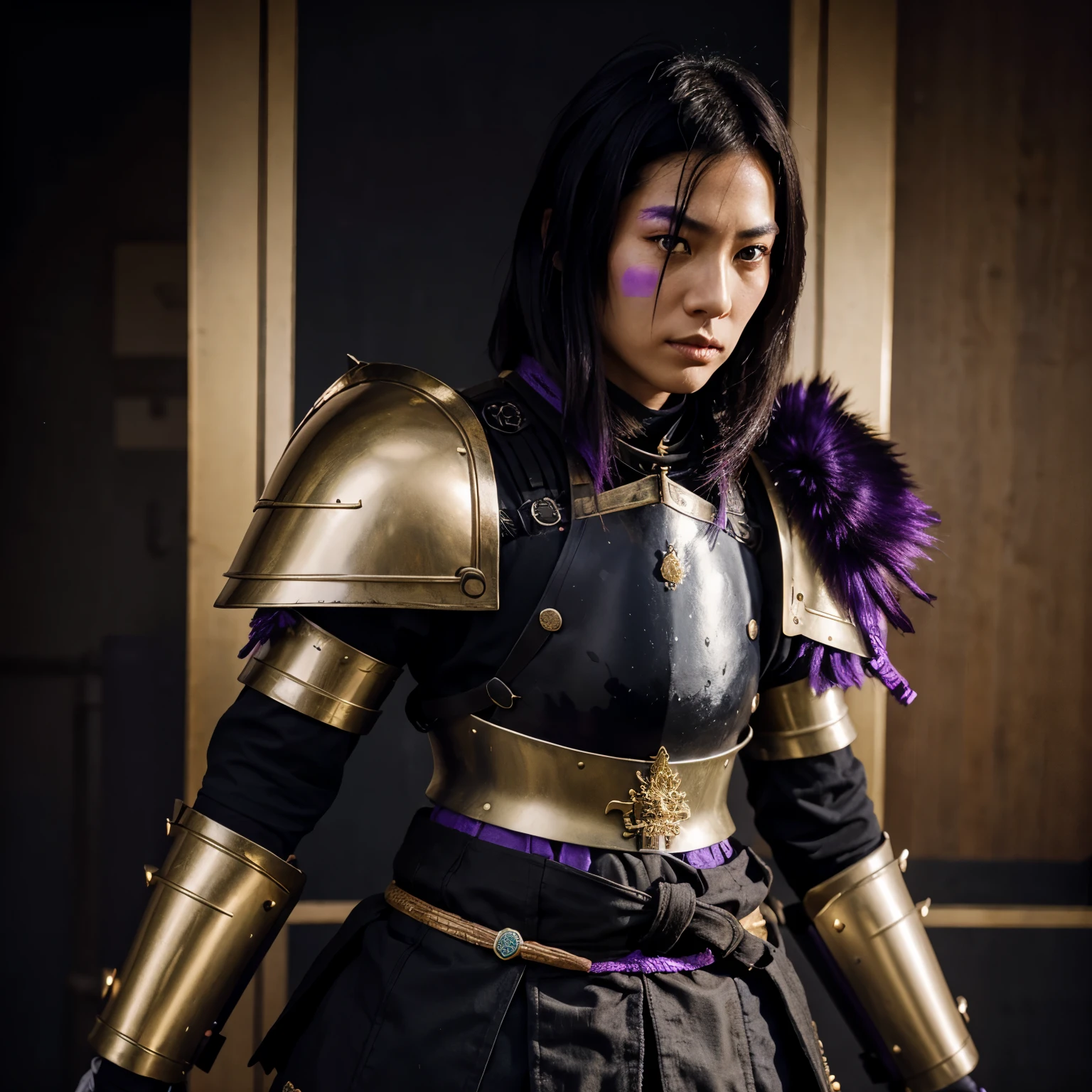 Samurai warrior in armor with color black gold and violet