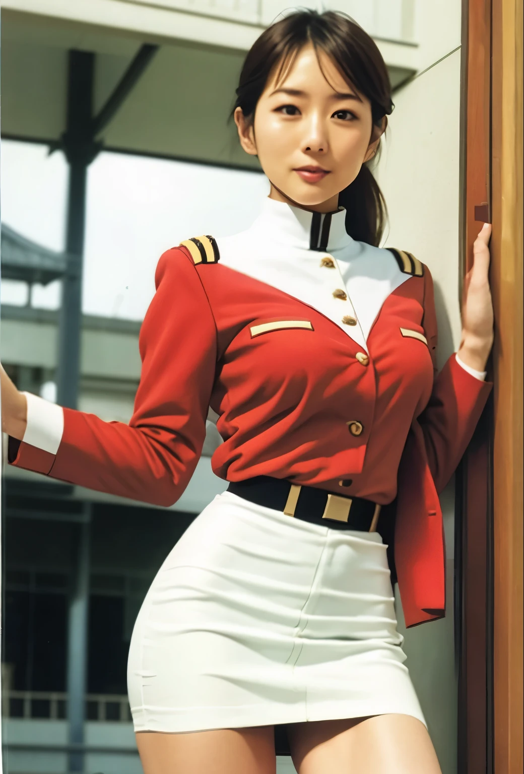 real photos、Highest image quality、beautiful woman、beautiful thighs、beautiful face、real image、Minami Tanaka、federal army uniform uper mini skirt、I can see your panties、ponytail、Yuriko Yoshitaka、age日本人女性、Frau Bow、cute girl、white pantiesが丸見え、1６age、（white panties:1.3）、super mini skirt、beautiful thighs、white panties、赤いミニスカートがめくれてwhite pantiesが見えてる