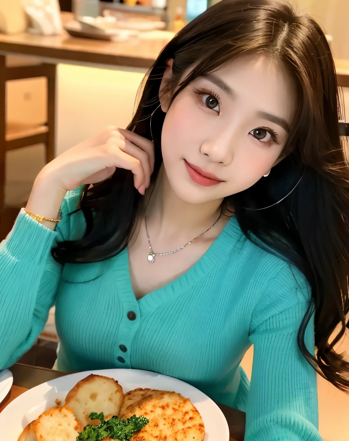 there is a woman sitting at a table with a plate of food, 2 7 years old, 2 8 years old, 2 9 years old, 2 2 years old, 2 3 years old, 21 years old, sakimichan, 3 2 years old, 2 4 years old, young and cute girl, sakimi chan, asian girl, beautiful asian girl