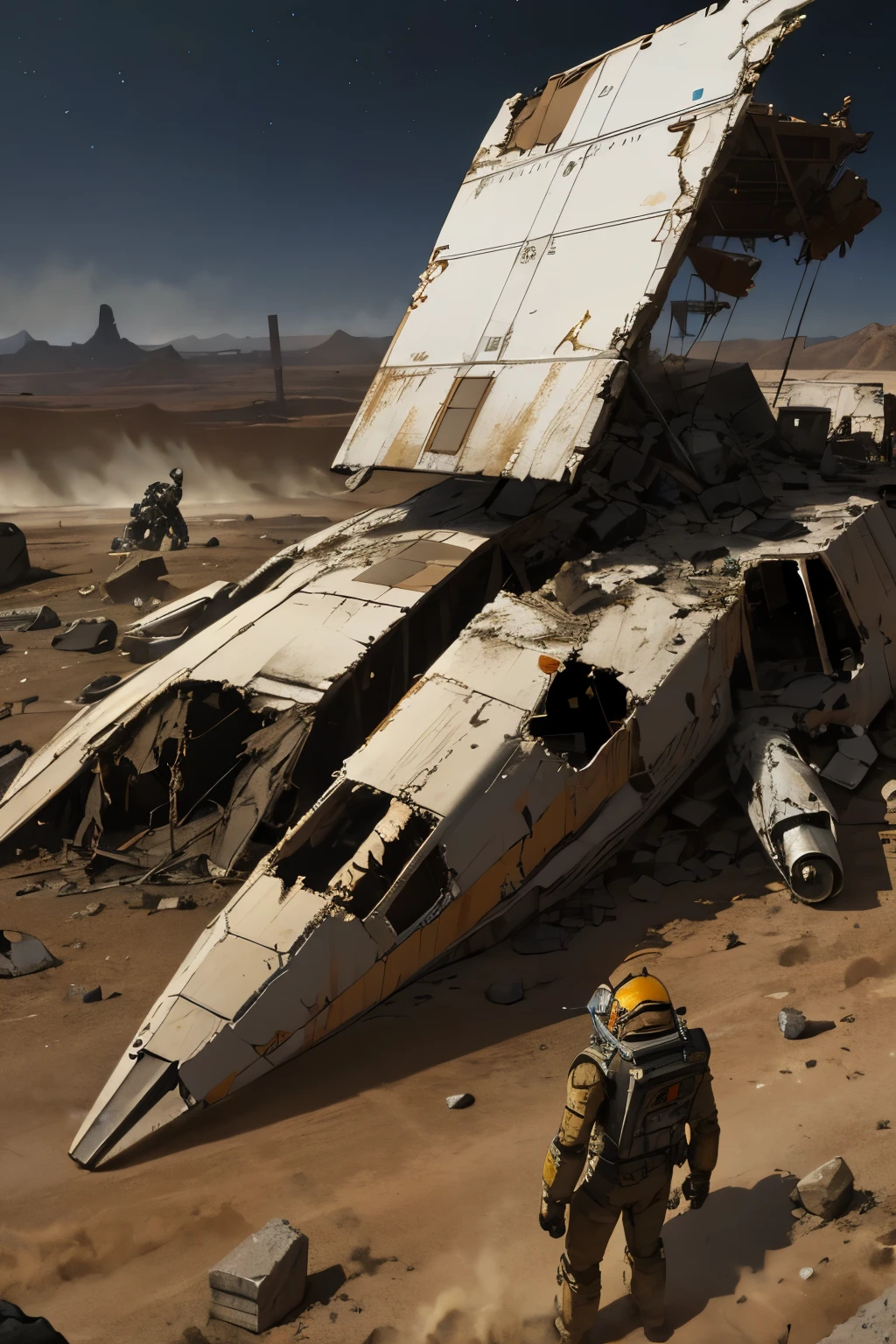 (disorganized, expensive, Super detailed), low, scenic, desert,post-apocalyptic, Marte, wreckage,(broken robot lying), spaceships scattered on the ground, dust and smoke, stone