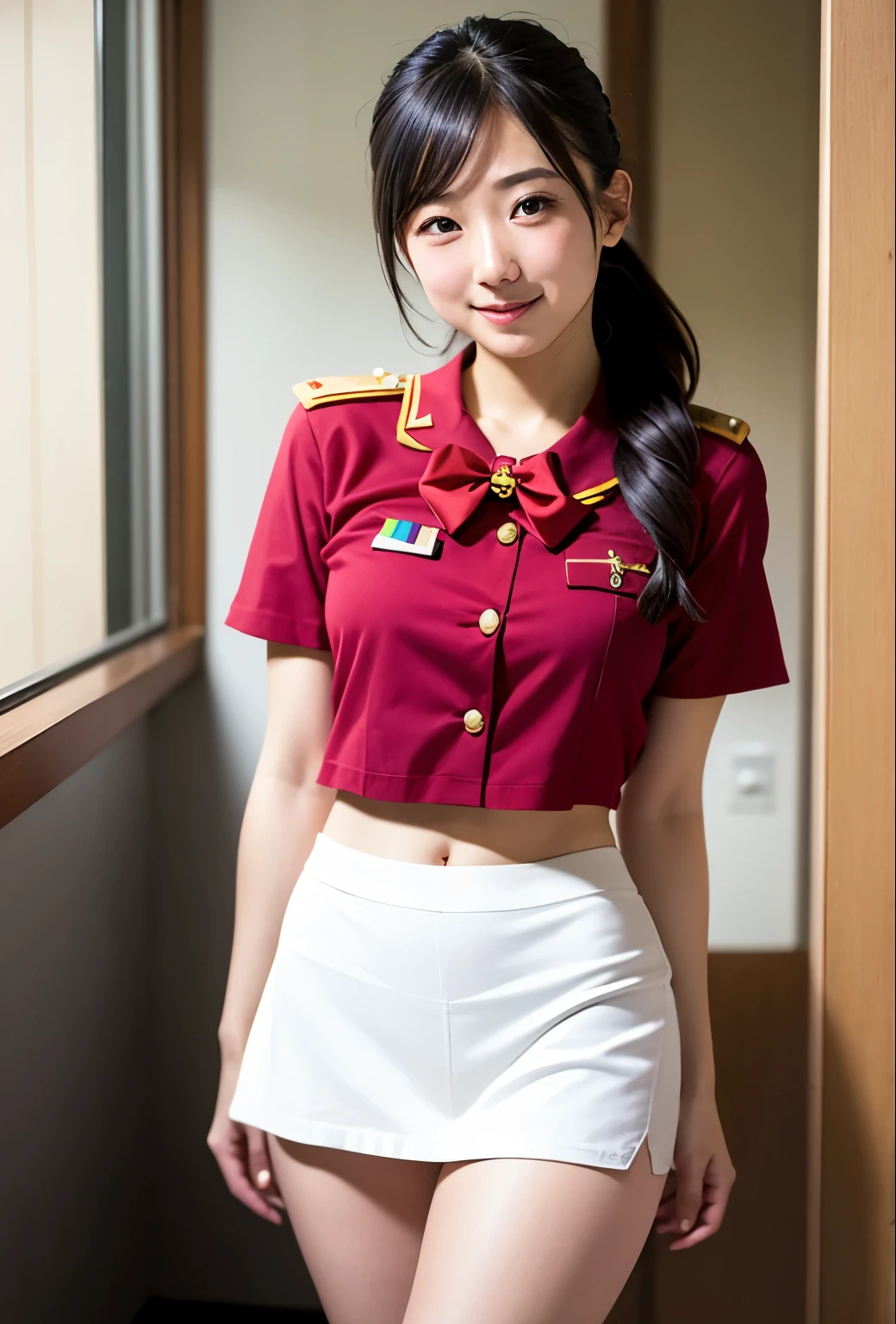 Actual Photos、Highest imYear quality、Beautiful woman、Beautiful thighs、Beautiful Face、real imYear、Federal Army Uniform Miniskirt、ponytail、Yuriko Yoshitaka、16Year日本人女性、lady. Bow、pretty girl、White pantiesが丸見え、1６Year、（White panties:1.3）、Ultra mini skirt、Beautiful thighs、White panties、赤いミニスカートがめくれてWhite pantiesが見えてる