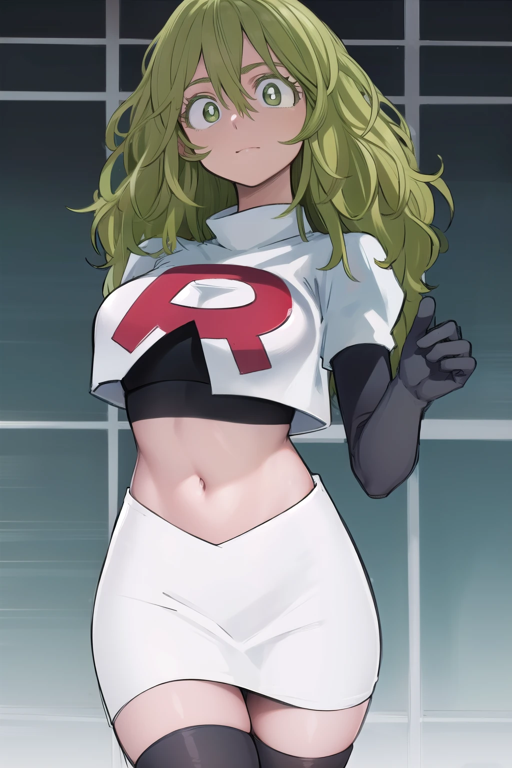 tooruhagakure, tooru hagakure, (green eyes:1.5), green hair, messy hair, multicolored hair, thick eyelashes, two-tone hair,
BREAK team rocket,team rocket uniform, red letter R, white skirt,white crop top,black thigh-highs,black elbow gloves
BREAK looking at viewer,
BREAK (masterpiece:1.2), best quality, high resolution, unity 8k wallpaper, (illustration:0.8), (beautiful detailed eyes:1.6), extremely detailed face, perfect lighting, extremely detailed CG, (perfect hands, perfect anatomy),