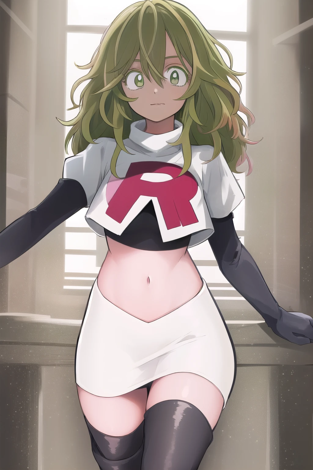 tooruhagakure, tooru hagakure, (green eyes:1.5), green hair, messy hair, multicolored hair, thick eyelashes, two-tone hair,
BREAK team rocket,team rocket uniform, red letter R, white skirt,white crop top,black thigh-highs,black elbow gloves
BREAK looking at viewer,
BREAK (masterpiece:1.2), best quality, high resolution, unity 8k wallpaper, (illustration:0.8), (beautiful detailed eyes:1.6), extremely detailed face, perfect lighting, extremely detailed CG, (perfect hands, perfect anatomy),