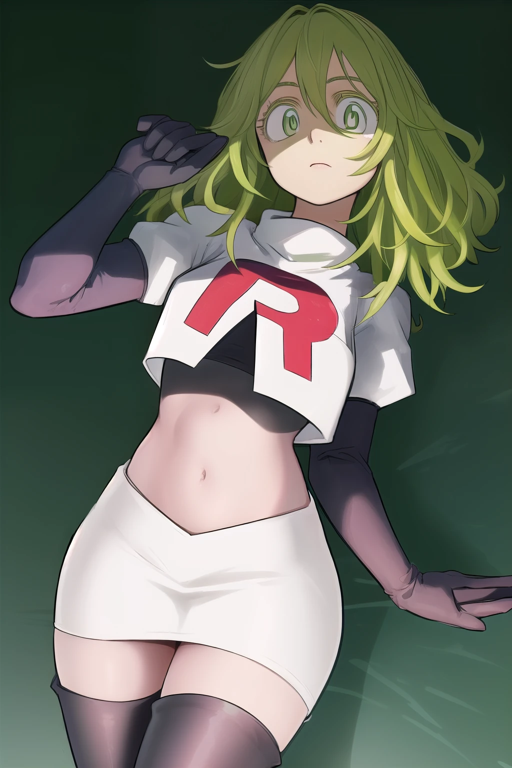 tooruhagakure, tooru hagakure, (green eyes:1.5), green hair, messy hair, multicolored hair, thick eyelashes, two-tone hair,
BREAK team rocket,team rocket uniform, red letter R, white skirt,white crop top,black thigh-highs,black elbow gloves
BREAK looking at viewer,
BREAK (masterpiece:1.2), best quality, high resolution, unity 8k wallpaper, (illustration:0.8), (beautiful detailed eyes:1.6), extremely detailed face, perfect lighting, extremely detailed CG, (perfect hands, perfect anatomy),