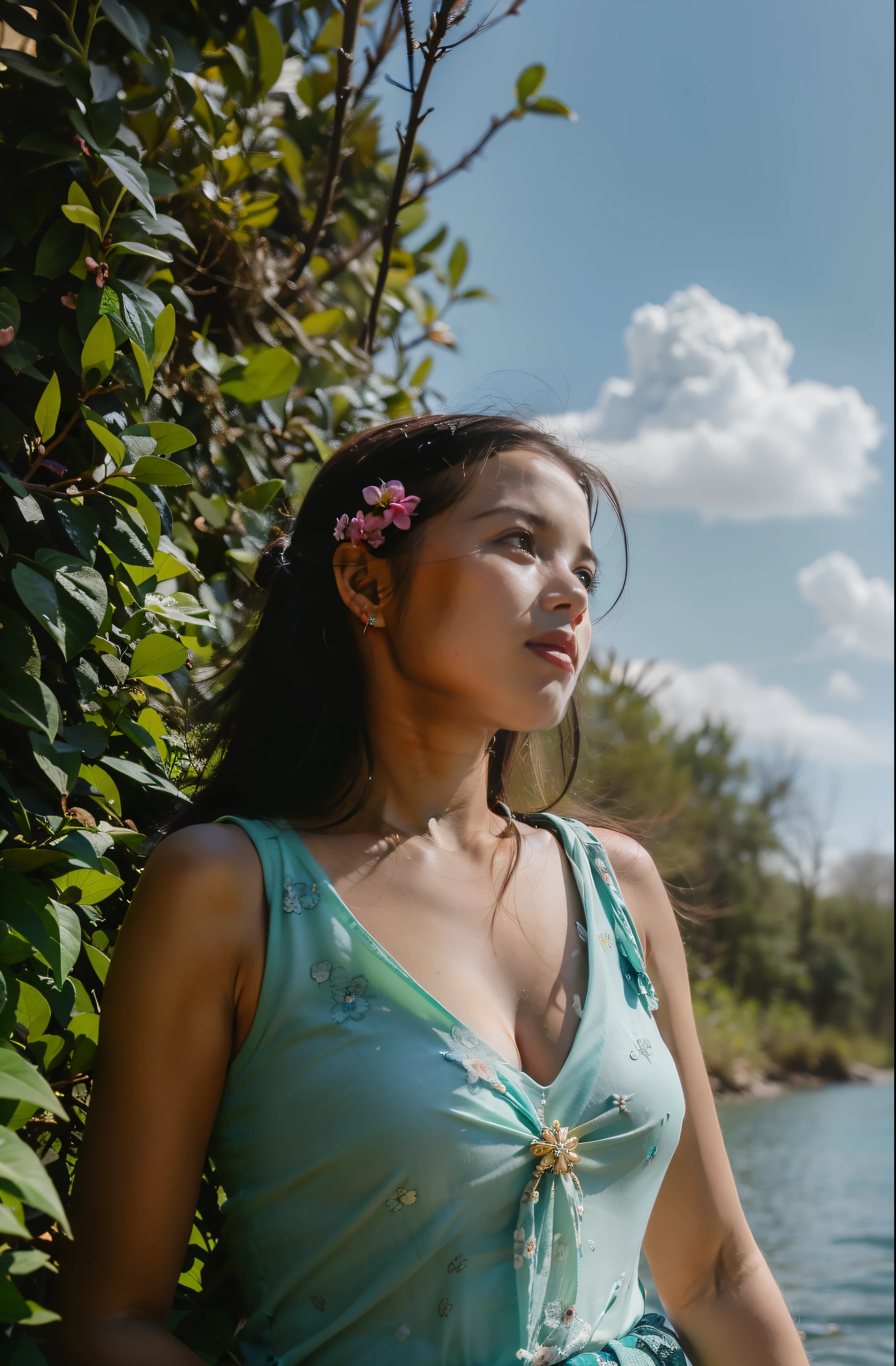 il y a une femme debout au bord de l’eau avec une fleur dans les cheveux, side portrait imaging, portrait à mi-plan, Malika Favre, Portrait environnemental, backlit portrait, portrait 50 mm, dans le soleil, portrait 35 mm, visage de femme regardant hors caméra, un alambic d&#39;an ethereal, high quality movie, photo d&#39;une femme