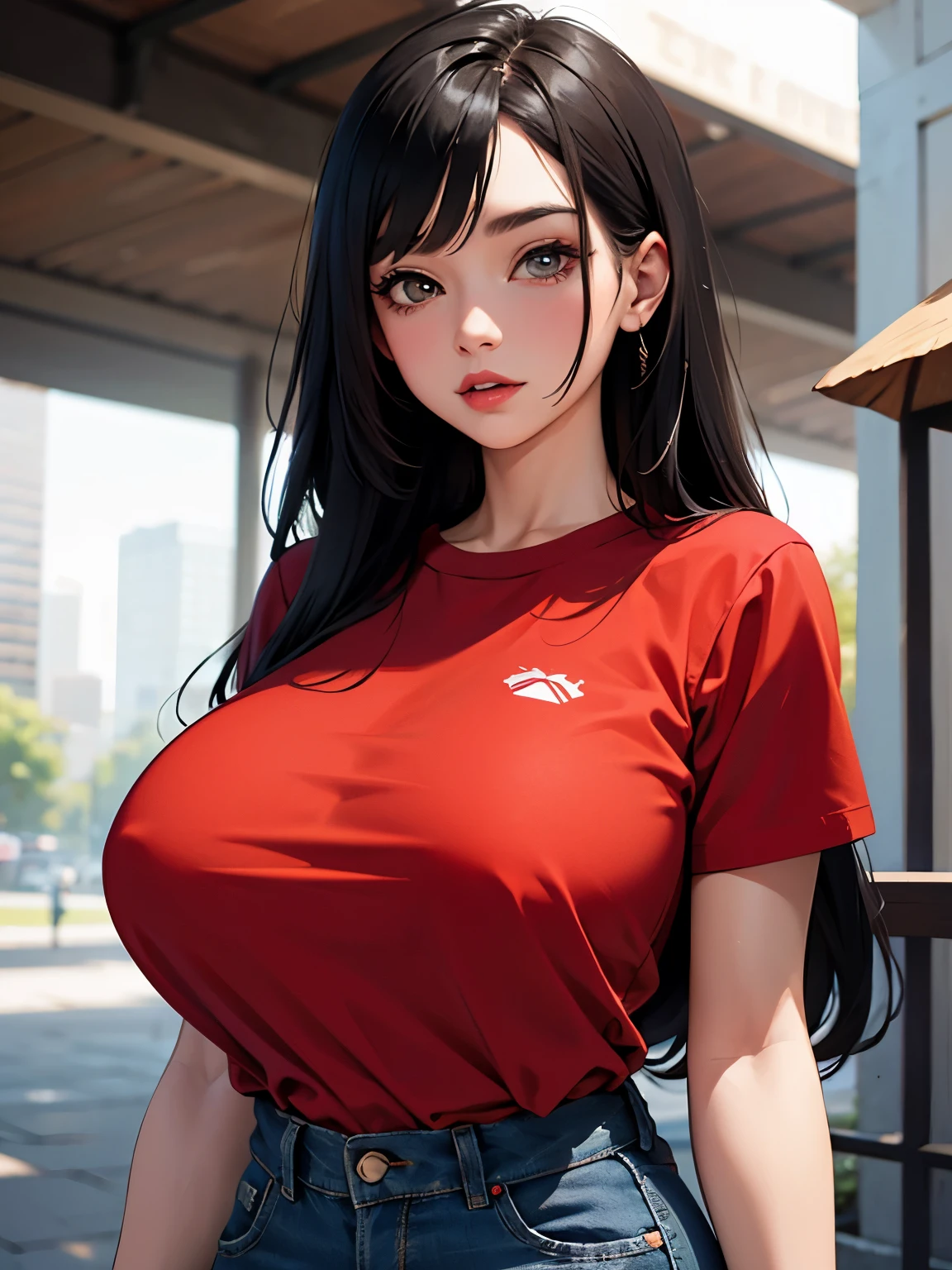 girl, standing, upper part of body, ((huge breasts)), long black hair, Red T-shirt, jeans