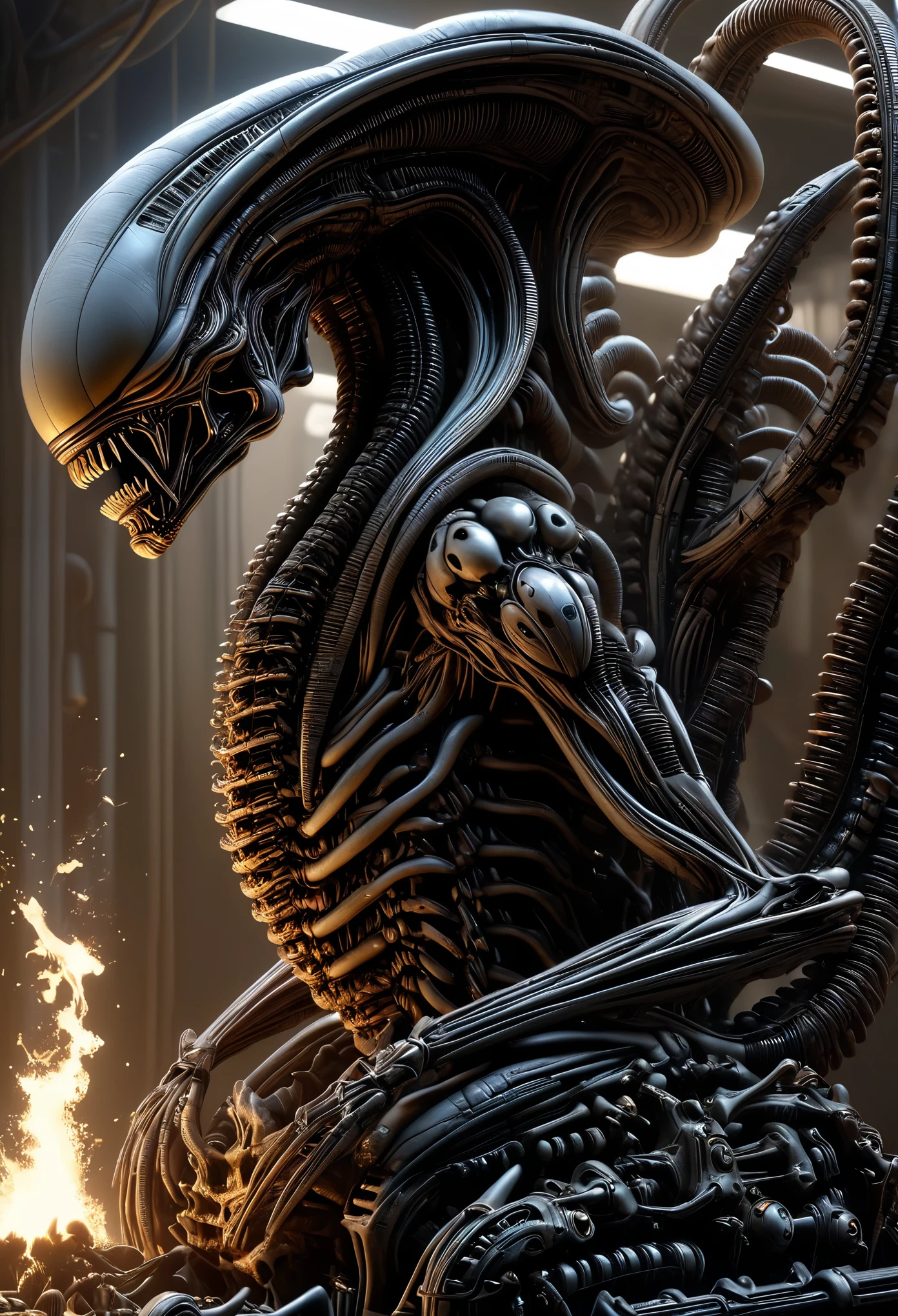 metal alien, silk skin in hospital, animal face, smooth neck, solid neck, bulky, bumpy, sharp focus, smoke, artillery, sparks, racks, system unit, motherboard, by pascal blanche rutkowski repin artstation hyperrealism painting concept art of detailed character design matte painting, 4 k resolution, Western movies