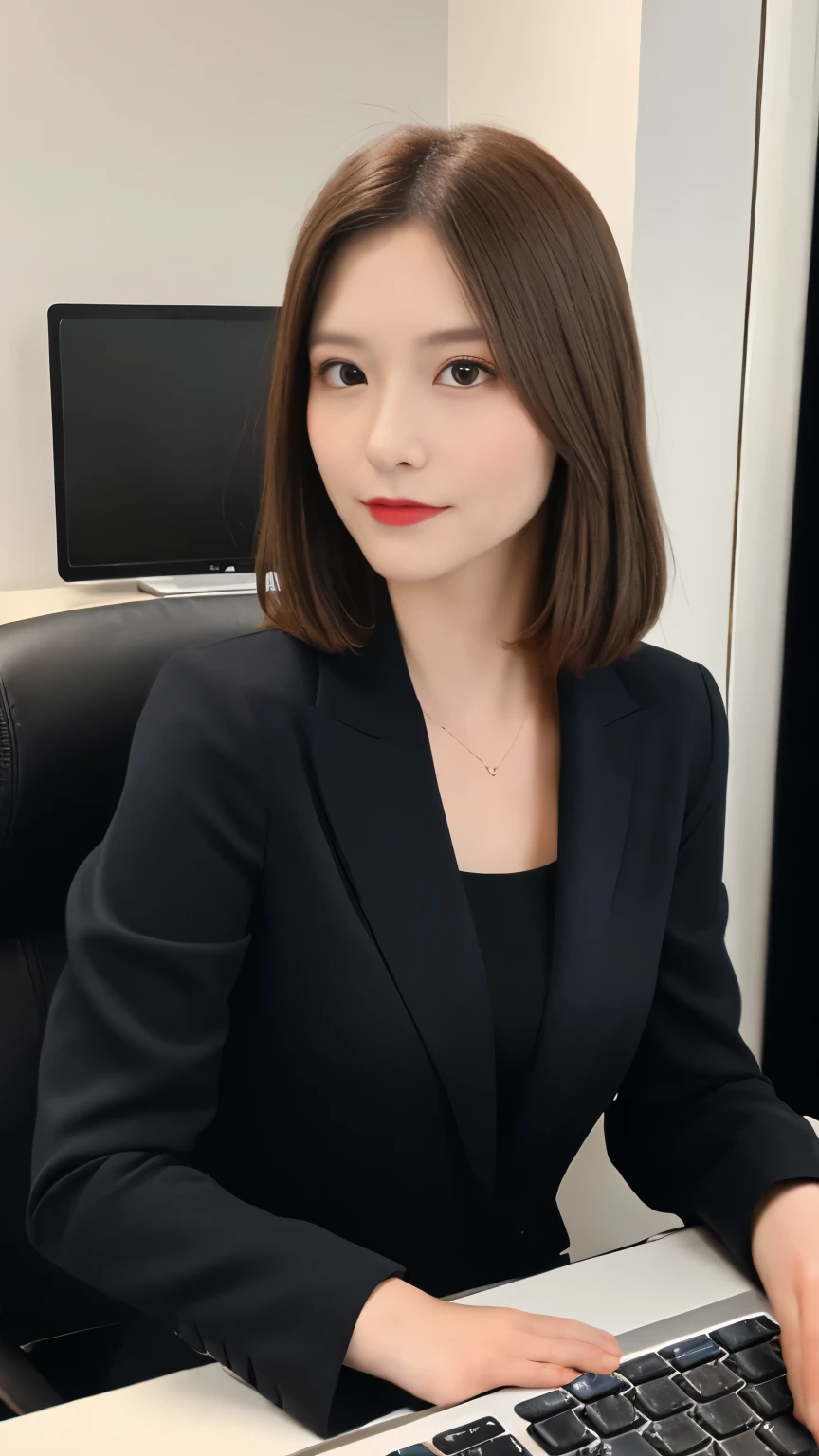 (highest quality, 8k, 32K, masterpiece, Hmm:1.2),Photos of beautiful Japanese women, 1 girl, (medium short dark brown hair), double eyelid, office formal wear, Working with the desktop, enter keyboard, office, Look at your computer screen