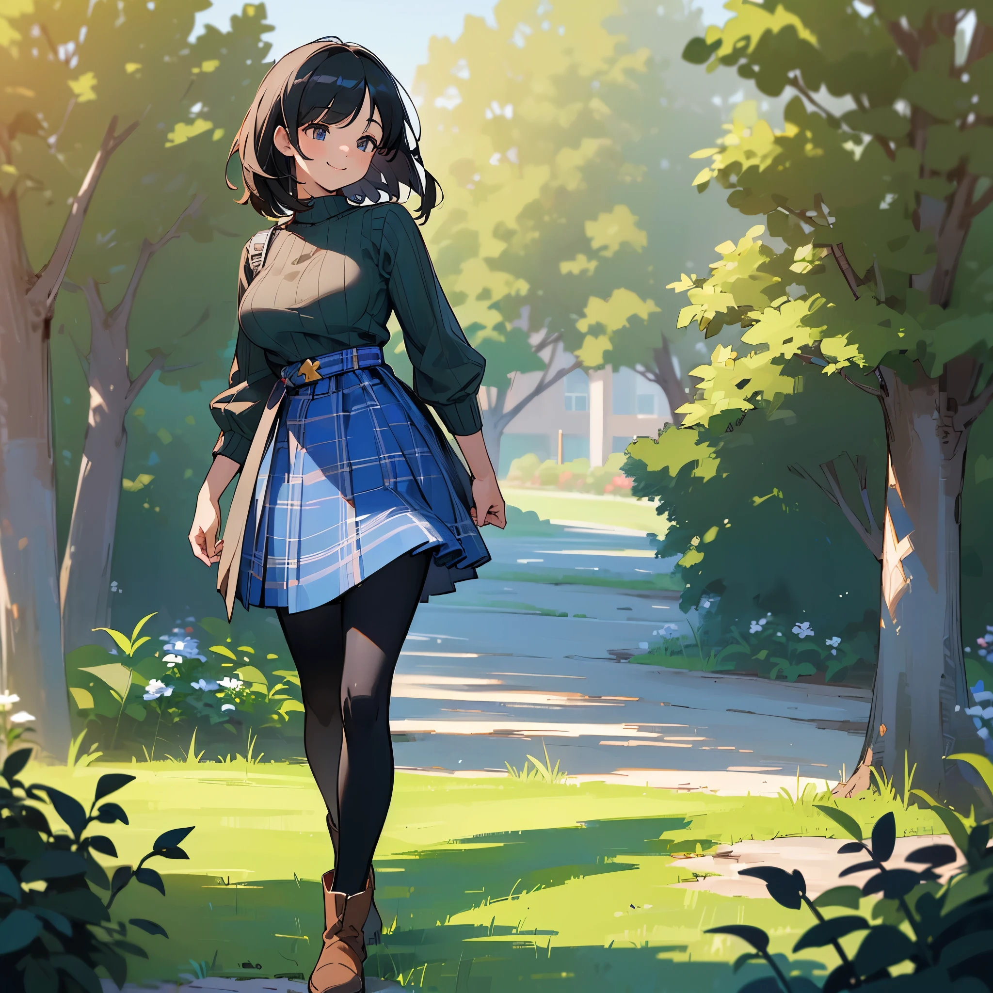 (high quality, High resolution, Super detailed, reality:1.37), peaceful atmosphere, (outdoors, garden), age girl standing alone, (my breasts are big.), Beautiful detail features, cute smile, (black bob hair), ribbed sweater, blue plaid skirt, black tights, brown boots.