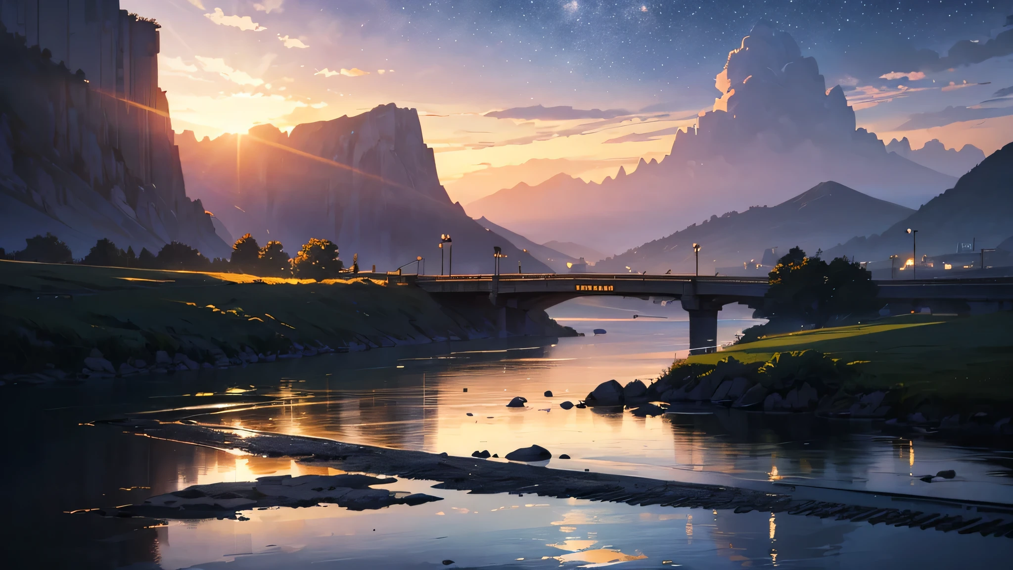 A masterpiece of high quality ,landscape,Animated train passing through a body of water on the tracks, sparkling starry sky。romantic train,Pure,concept art,Lofiato style,reflector。 by Makoto Shinkai, Lofiato, beautiful anime scene, アニメのlandscape, 詳細なlandscape - 幅 672, Shinkai Makoto style, Makoto Shinkai's style,Enhanced detail