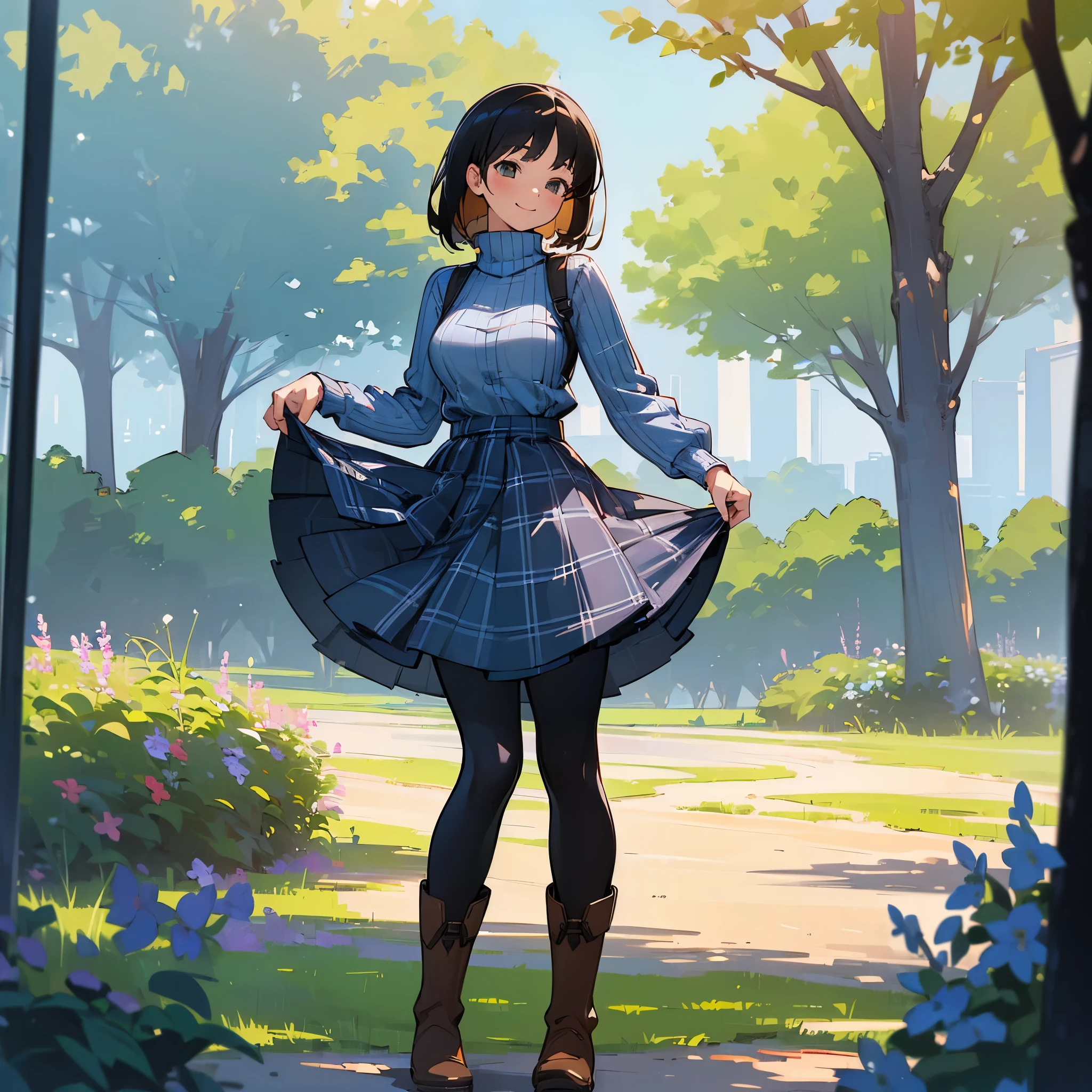 (high quality, High resolution, Super detailed, reality:1.37), peaceful atmosphere, (outdoors, garden), age girl standing alone, (my breasts are big.), Beautiful detail features, cute smile, (black bob hair), ribbed sweater, blue plaid skirt, black tights, brown boots.