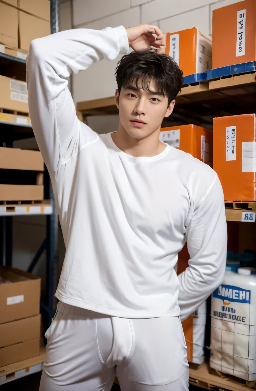 1 handsome Korean guy,21~25 years old,Athletic male model studying sports,Who is Shi Yu?, Li Yuanbin, Clothes with V-chests,Kim Hyung Tae, Kim Hyung Tae, tight shirt, Kim Hyung Tae, Yin Shishan, Handsome, Handsome guy with athletic physique,Broad shoulders and narrow waist,A handsome guy wearing an orange sweatshirt and white jeans,The neckline is slightly open, Form-fitting fabric contours the bust,in a remote warehouse,hands tied behind back。hands tied behind back,Masculine and handsome,High,Muscles look good,hairy body,Wheat complexion,black eyes(thin eyes 1:3),whole body image