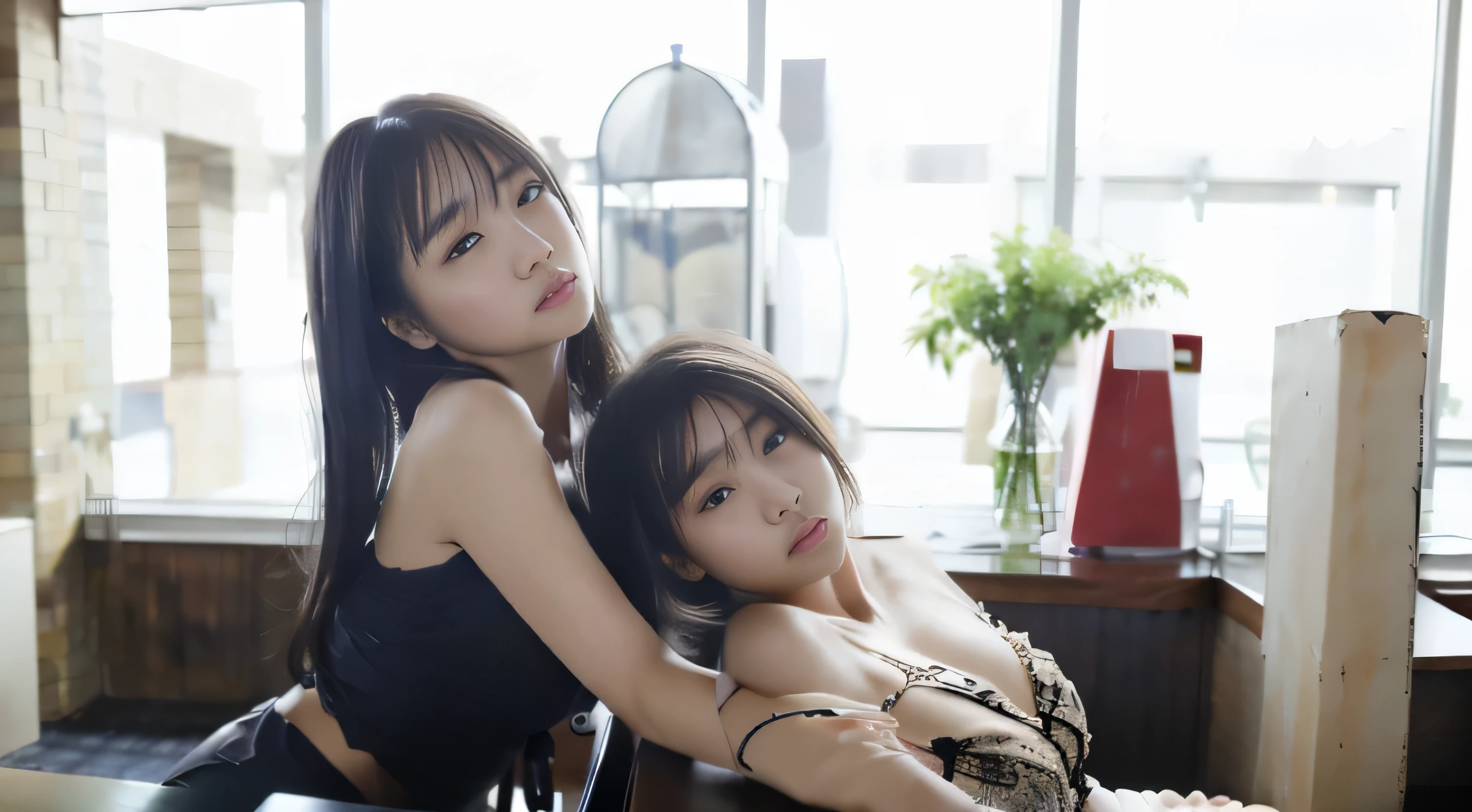 Identical twin sisters hugging each other、(8k、RAW photo、highest quality、masterpiece:1.2)、Super detailed、super resolution、(realistic、real photos:1.57)、dim bar counter、dimly lit store（fantastic lighting）stylish lighting、Fashionable and varied dresses、pretty dress、Fair-skinned legs coming out of the dress、champagne tower、Cute hostess cabaret is sitting on the sofa。。、Sexy woman in a dress sitting on a chair and drinking、A glass in the hostess's right hand、sexy cleavage、small breasts、small、pure white skin、beautiful thighs、beautiful feet、Human-ish、girls bar clerk、cute pose、white skin skin、Fair-skinned hostess、Very fair limbs、Highly detailed skin texture、Fashionable and sexy dresses、super high quality、、surprisingly detailed、Highly detailed beautiful girl、faces with different patterns、One person has a ponytail、Highly detailed face Highly detailed eyes、Very realistic skin、 とてもthin指, highly detailed nose, highly detailed mouth, perfect anatomy, , because I&#39;thin,  long straight hair, (dull bangs:1.2)、long eyelashes、pink eyeshadow、Girls who are good at makeup、