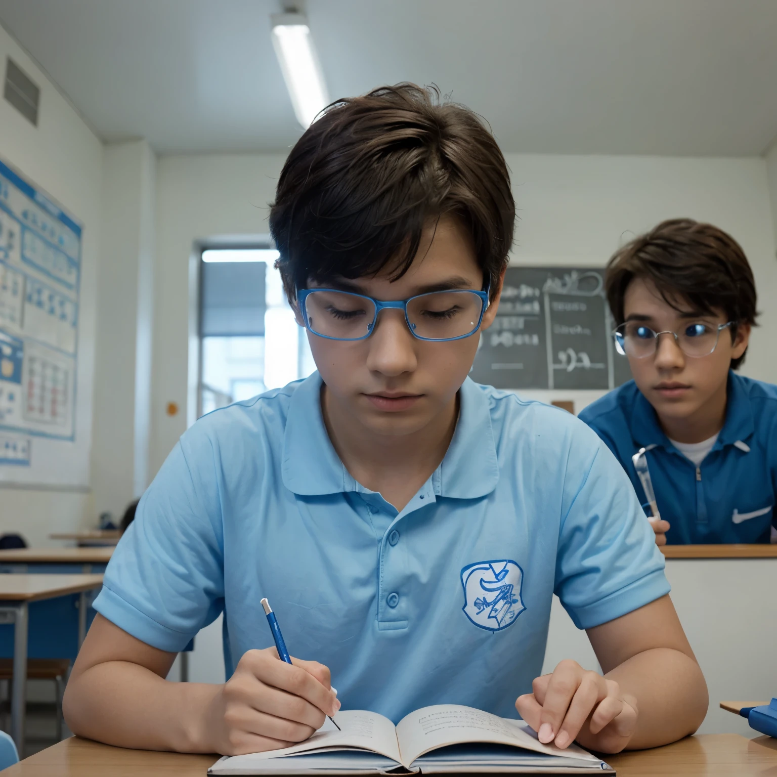 Boy in 3d pixar type studying at school in light blue and white in science classes