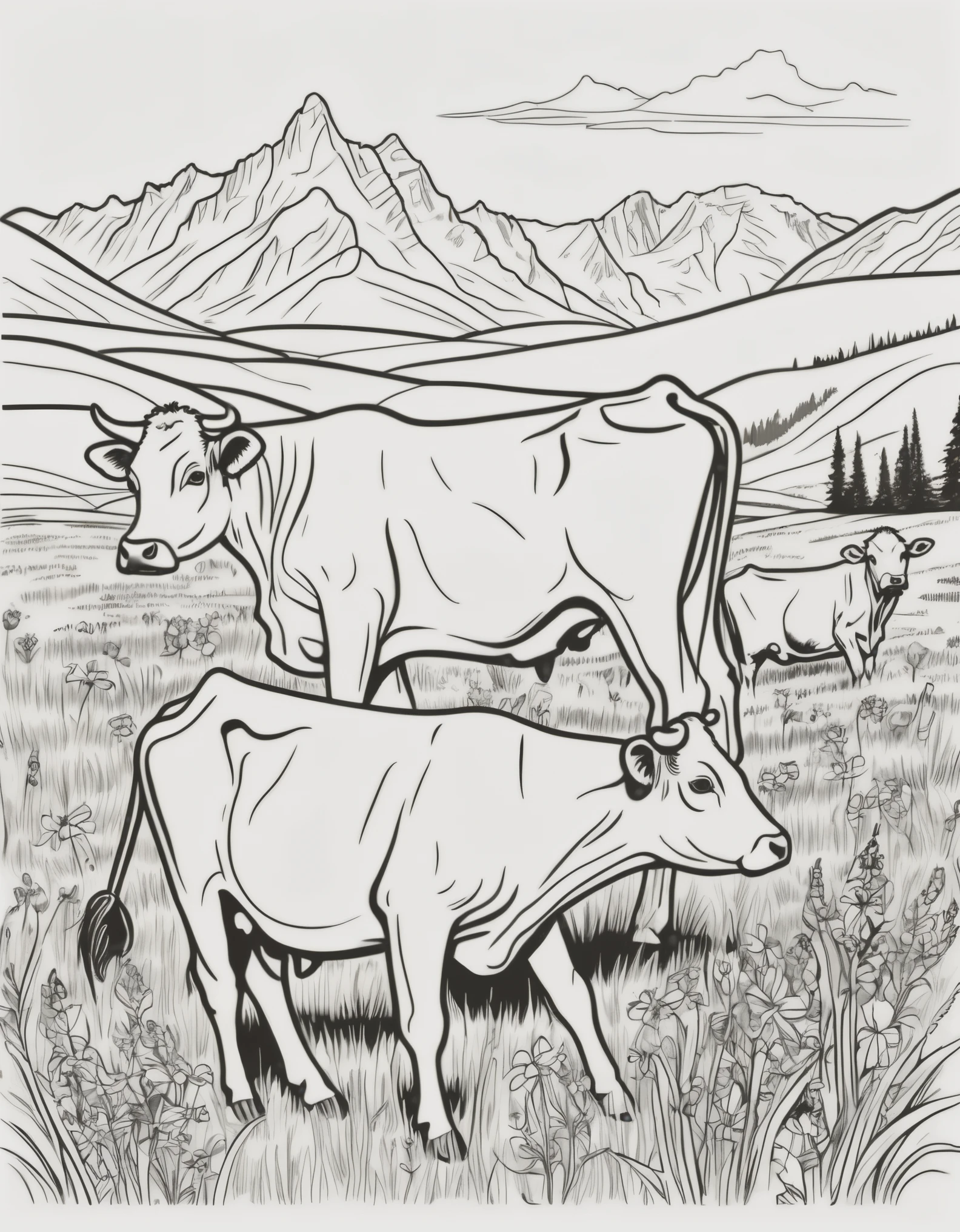 A very detailed and hyper-detailed 8K drawing of a cow and a calf in a meadow, eating grass, in the background with mountains, and plains, draw line, black outlines, and Pixar style for a coloring book
Detailed background of meadow areas, wildflowers,
ColoringBookAF, coloring books on blank white background, Redmond coloring book