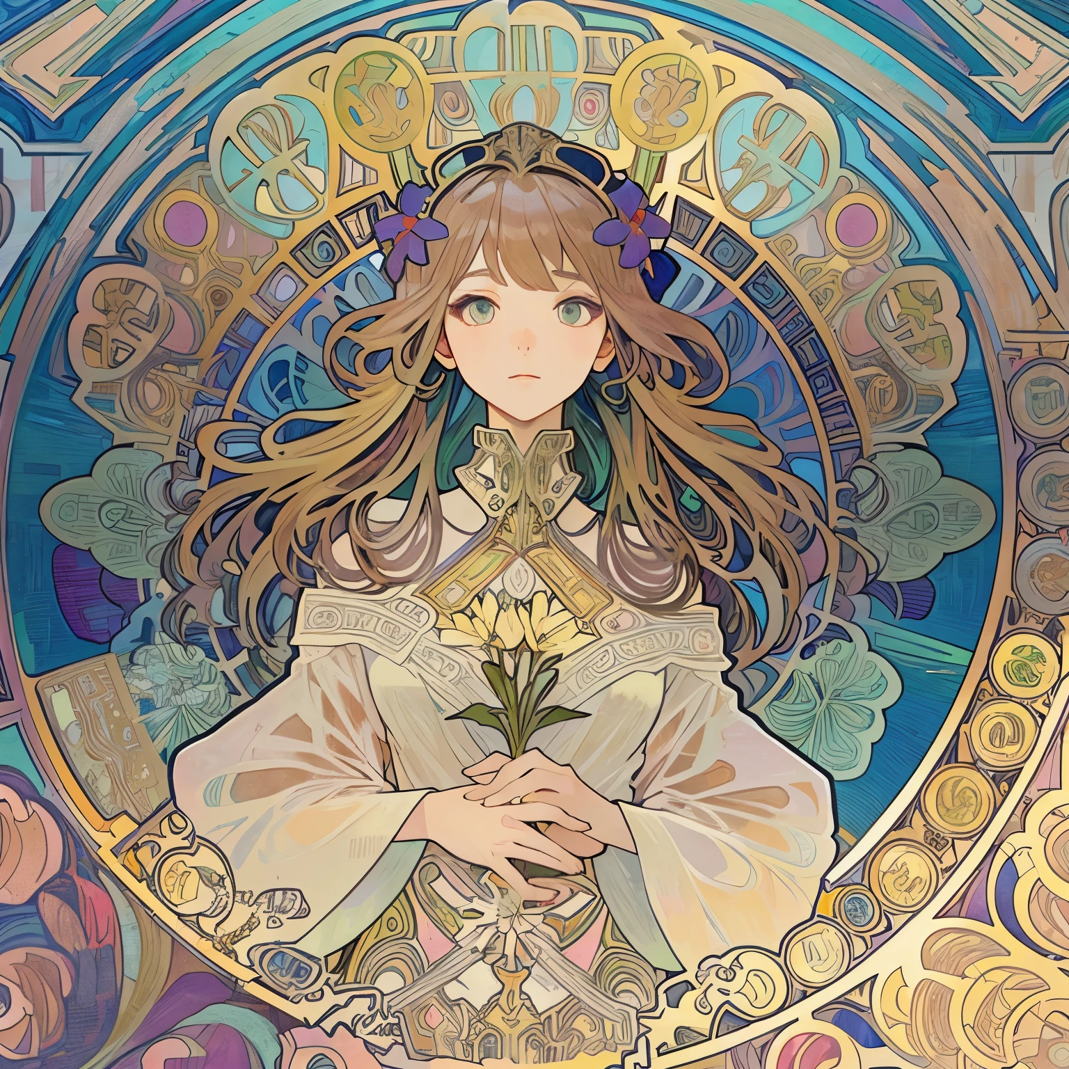 (((Alphonse Mucha style)))、(((high color saturation))), ((surrounded by bright colors)))) Super detailed, beautiful and beautiful, masterpiece, highest quality, (fractal art: 1.3), 1 girl, very detailed, dynamic angle, cowboy shooting, Chaos in its most beautiful form, elegant, Brutalist design, bright colors, in the atmosphere, ecstatic、short neck、Plant pattern、flower picture frame、soft clothes、luxury detailed jewelry、flower decoration in hair、light shines、Red flower