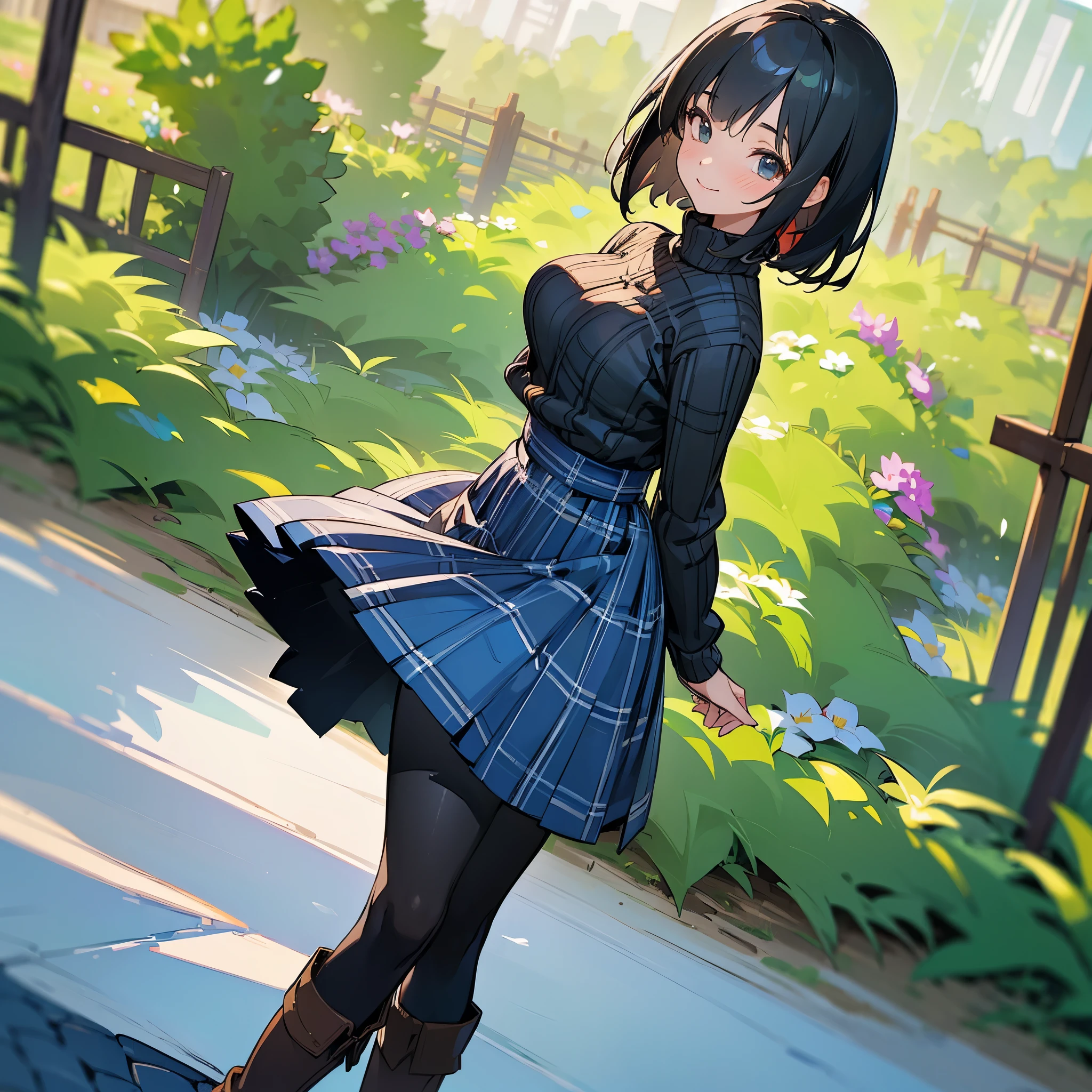 (high quality, High resolution, Super detailed, reality:1.37), peaceful atmosphere, (outdoors, garden),  girl standing alone, (my breasts are big.), Beautiful detail features, cute smile, (black bob hair), ribbed sweater, blue plaid skirt, black tights, brown boots.