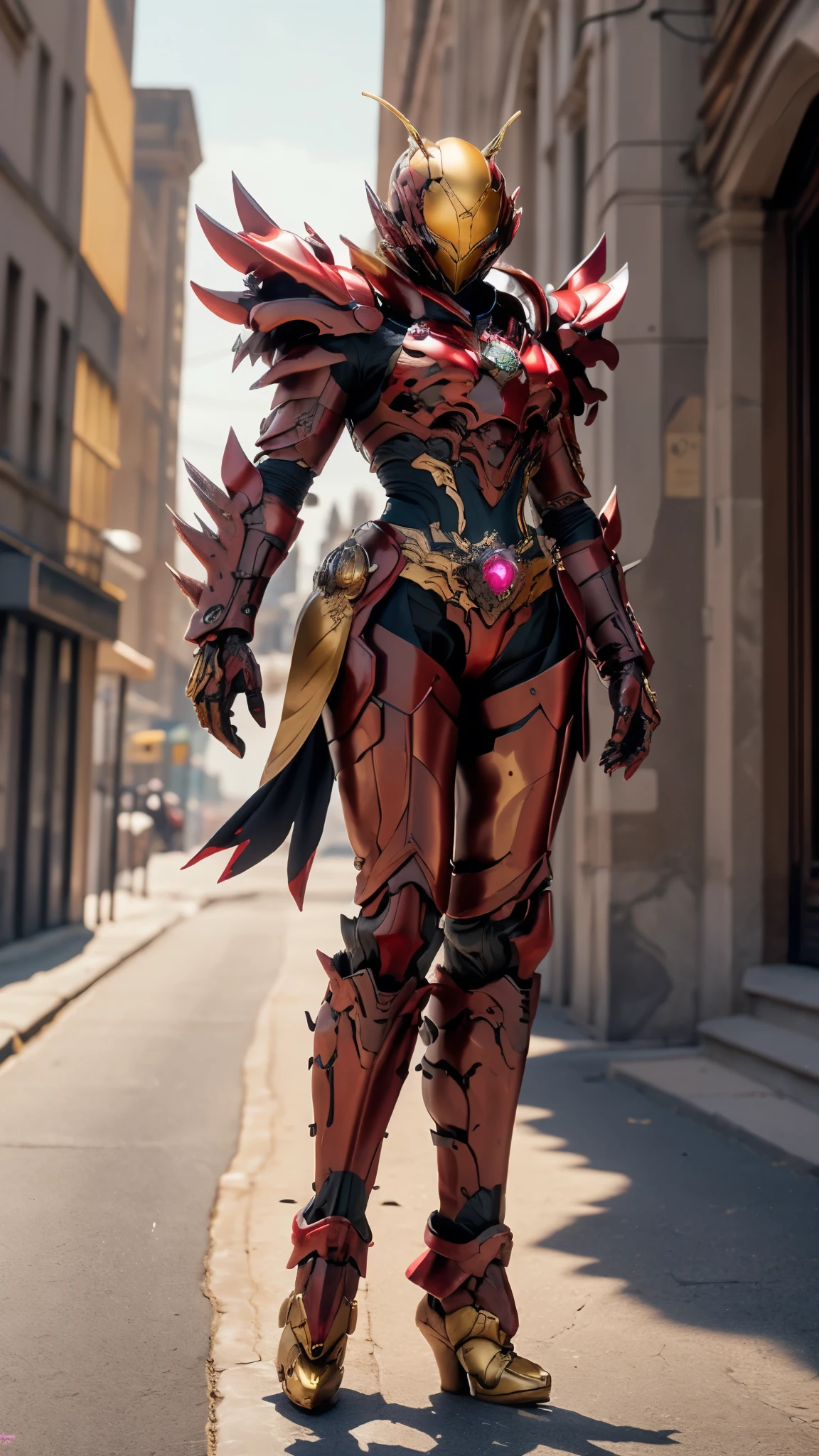 A woman adorned in fantasy-style full-body armor, a crown-concept fully enclosed helmet that unveils only her eyes, a composite layered chest plate, fully encompassing shoulder and hand guards, a lightweight waist armor, form-fitting shin guards, the overall design is heavy-duty yet flexible, ((the armor gleams with a golden glow, complemented by red and blue accents)), exhibiting a noble aura, she floats above a fantasy-surreal high-tech city, this character embodies a finely crafted fantasy-surreal style armored hero in anime style, exquisite and mature manga art style, (Queen bee mixed with Spider concept Armor, plasma, blood), ((Element, energy, elegant, goddess, femminine:1.5)), metallic, high definition, best quality, highres, ultra-detailed, ultra-fine painting, extremely delicate, professional, anatomically correct, symmetrical face, extremely detailed eyes and face, high quality eyes, creativity, RAW photo, UHD, 32k, Natural light, cinematic lighting, masterpiece-anatomy-perfect, masterpiece:1.5