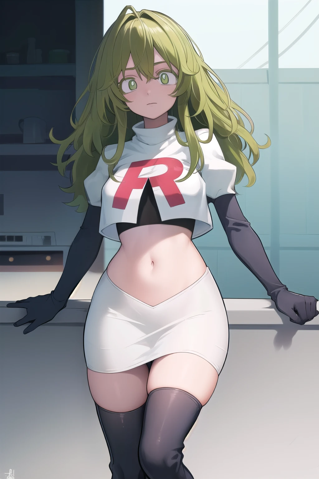 tooruhagakure, tooru hagakure, (green eyes:1.5), green hair, messy hair, multicolored hair, thick eyelashes, two-tone hair,
BREAK team rocket,team rocket uniform, red letter R, white skirt,white crop top,black thigh-highs,black elbow gloves
BREAK looking at viewer,
BREAK (masterpiece:1.2), best quality, high resolution, unity 8k wallpaper, (illustration:0.8), (beautiful detailed eyes:1.6), extremely detailed face, perfect lighting, extremely detailed CG, (perfect hands, perfect anatomy),