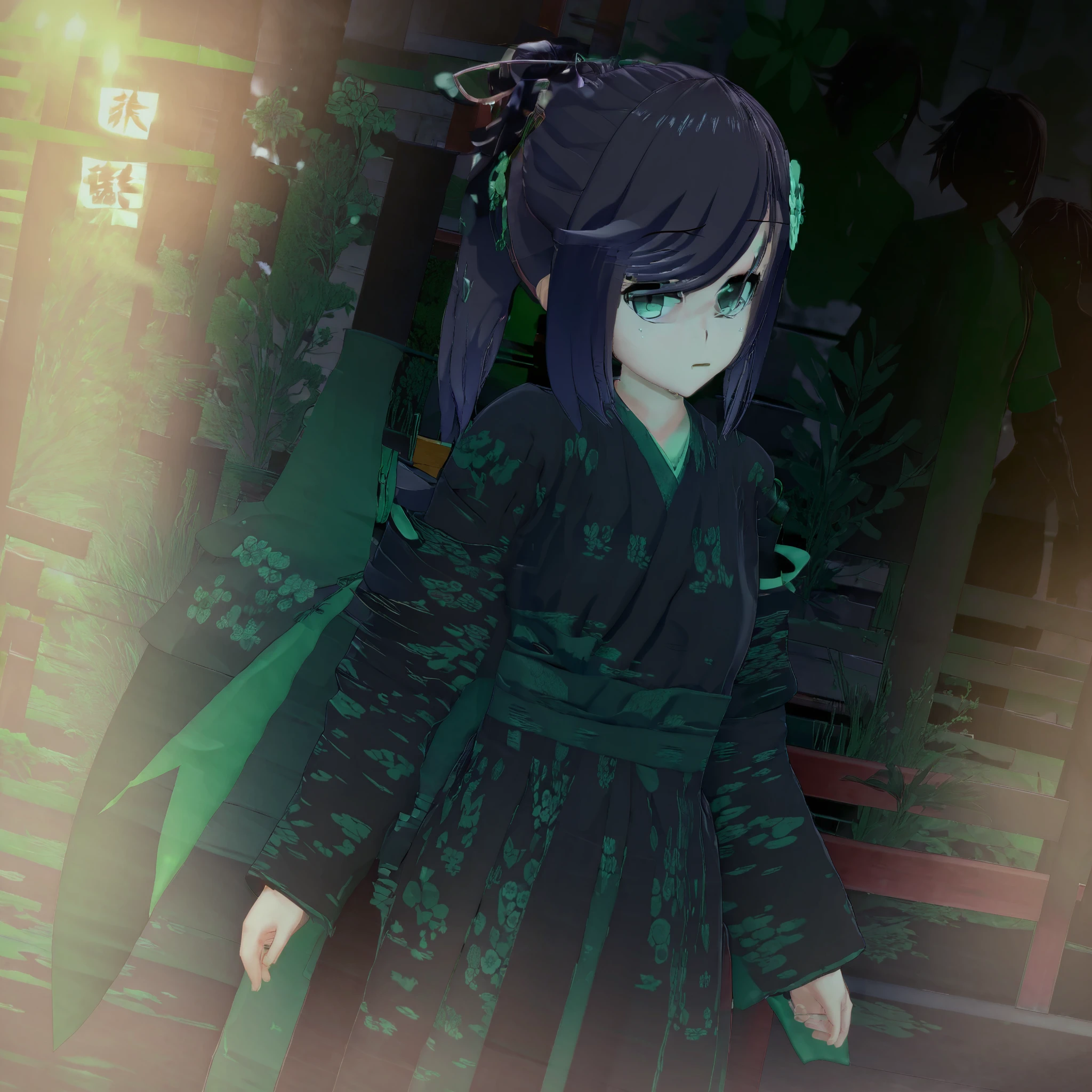 dark green kimono with green flowers, ponytail, looking at viewer, cosplay, looking at viewer, cowboy photo, outdoors, closed mouth, solo focus, hair between eyes, medium hair, hair ribbon, casual , ribbon, flat chest, hair bun, shine, anger, frown, lips, standing, looking like a guardian of a Japanese shrine, normal sized eyes