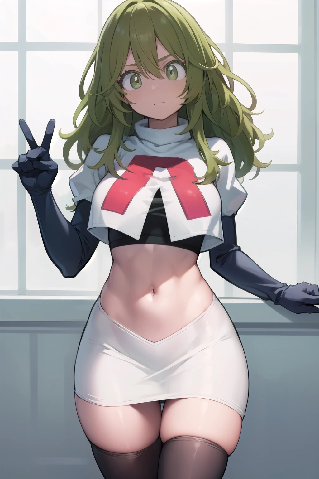 tooruhagakure, tooru hagakure, (green eyes:1.5), green hair, messy hair, multicolored hair, thick eyelashes, two-tone hair,
BREAK team rocket,team rocket uniform, red letter R, white skirt,white crop top,black thigh-highs,black elbow gloves
BREAK looking at viewer,
BREAK (masterpiece:1.2), best quality, high resolution, unity 8k wallpaper, (illustration:0.8), (beautiful detailed eyes:1.6), extremely detailed face, perfect lighting, extremely detailed CG, (perfect hands, perfect anatomy),