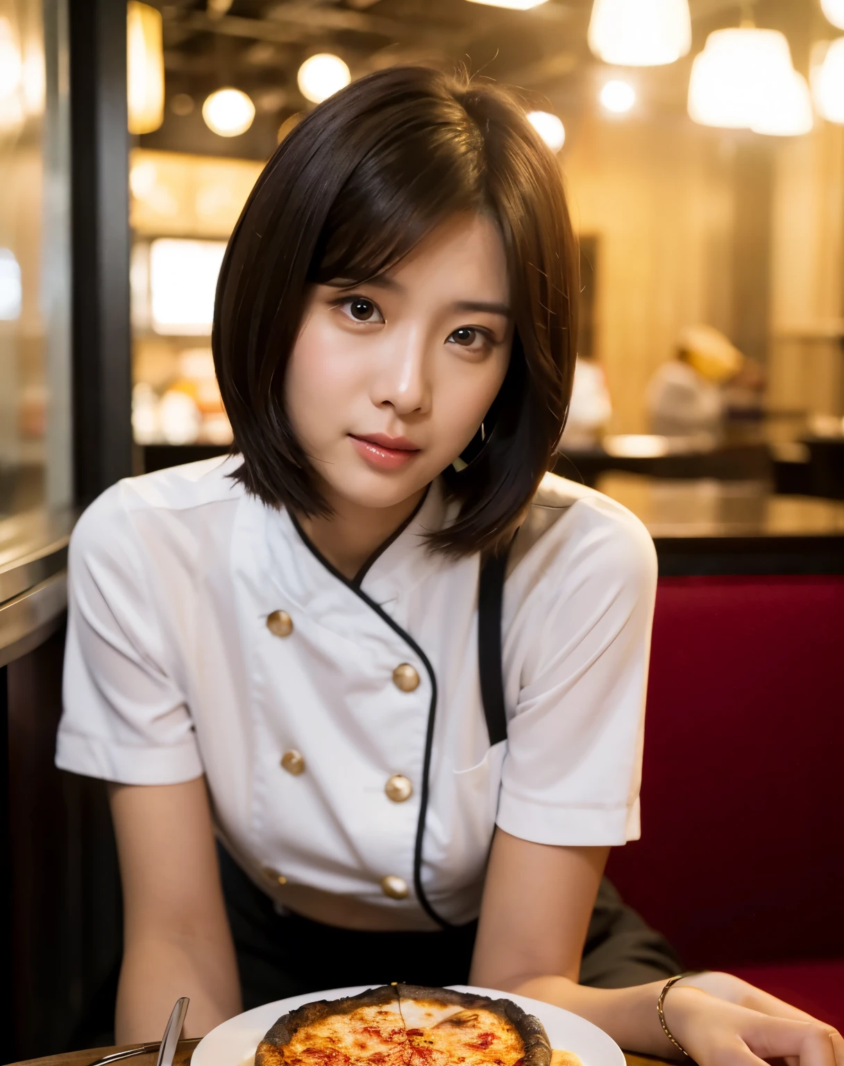 araffe asian woman sitting at a table with a pizza in front of her, beautiful south korean woman, korean girl, gorgeous young korean woman, beautiful young korean woman, korean woman, beautiful asian girl, asian girl, a young asian woman, young asian girl, with short hair, attractive girl, an asian woman, wearing yellow croptop, chinese girl