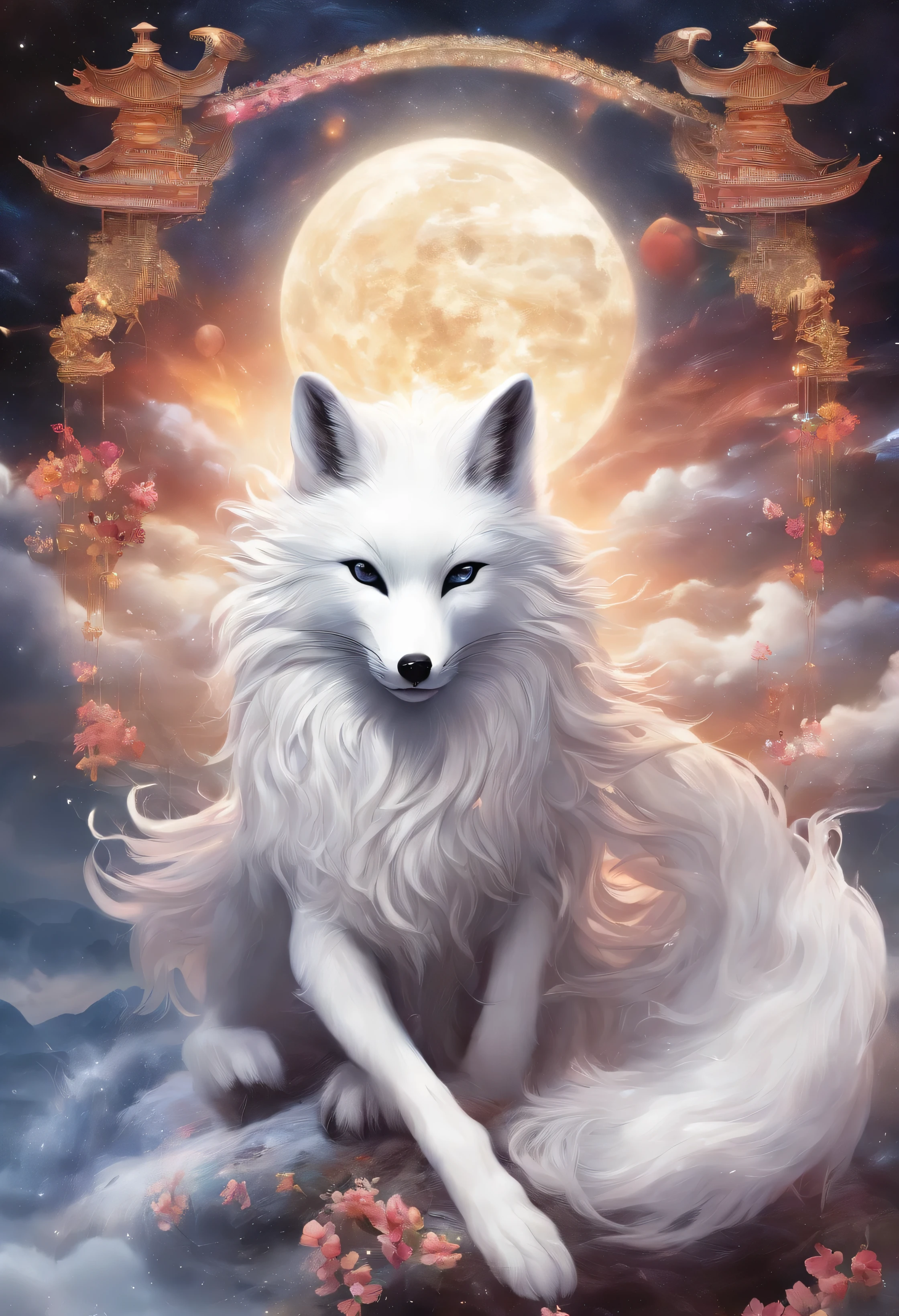 chinese mythology,Giant White Fox,thick clouds,(((9 Tailoring,moon,masterpiece,best image quality,super fine,super magical,Super detailed,8K resolution,OC renderer,dynamic viewing angle