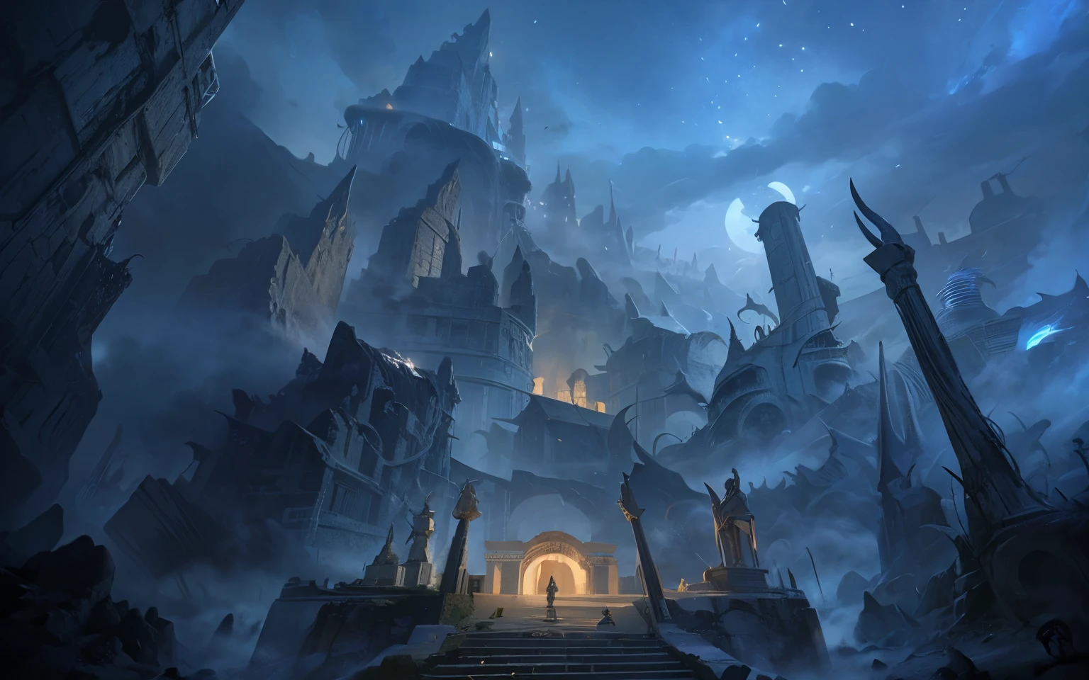 There is a photo of a fantasy scene,There are stairs leading to the temple, Dota matte painting concept art, dramatic concept art, Dota! matte painting concept art, epic fantasy concept art, concept art amazing atmosphere, league of legends concept art, amazing concept art, amazing! concept art, epic fantasy game art, fantasyconcept art, night,Greek mythology,Roman columns,twelve zodiac signs palace,Athena statue,