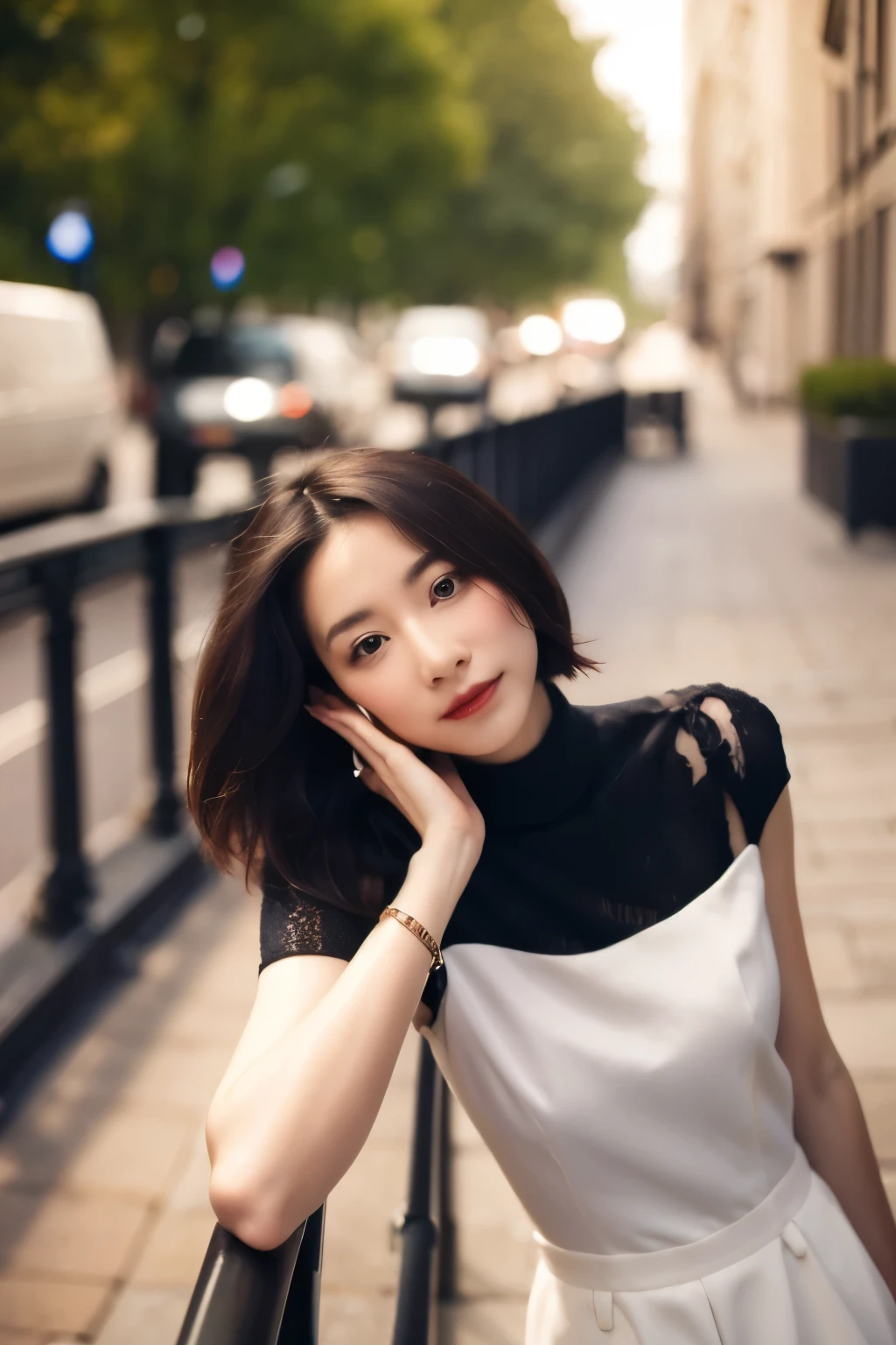 araffe woman in red top leaning on railing with hand on chin, sha xi, f / 1. 9 6. 8 1 mm iso 4 0, 8k 50mm iso 10, with short hair, photo taken with sony a7r, shot with sigma f/ 4.2, shot with sigma f / 4. 2