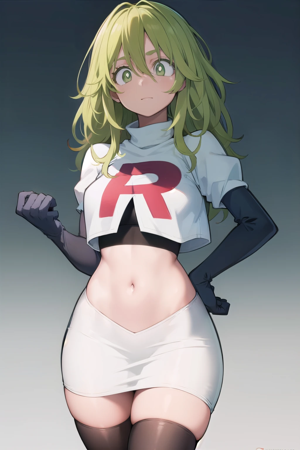 tooruhagakure, tooru hagakure, (green eyes:1.5), green hair, messy hair, multicolored hair, thick eyelashes, two-tone hair,
BREAK team rocket,team rocket uniform, red letter R, white skirt,white crop top,black thigh-highs,black elbow gloves
BREAK looking at viewer,
BREAK (masterpiece:1.2), best quality, high resolution, unity 8k wallpaper, (illustration:0.8), (beautiful detailed eyes:1.6), extremely detailed face, perfect lighting, extremely detailed CG, (perfect hands, perfect anatomy),